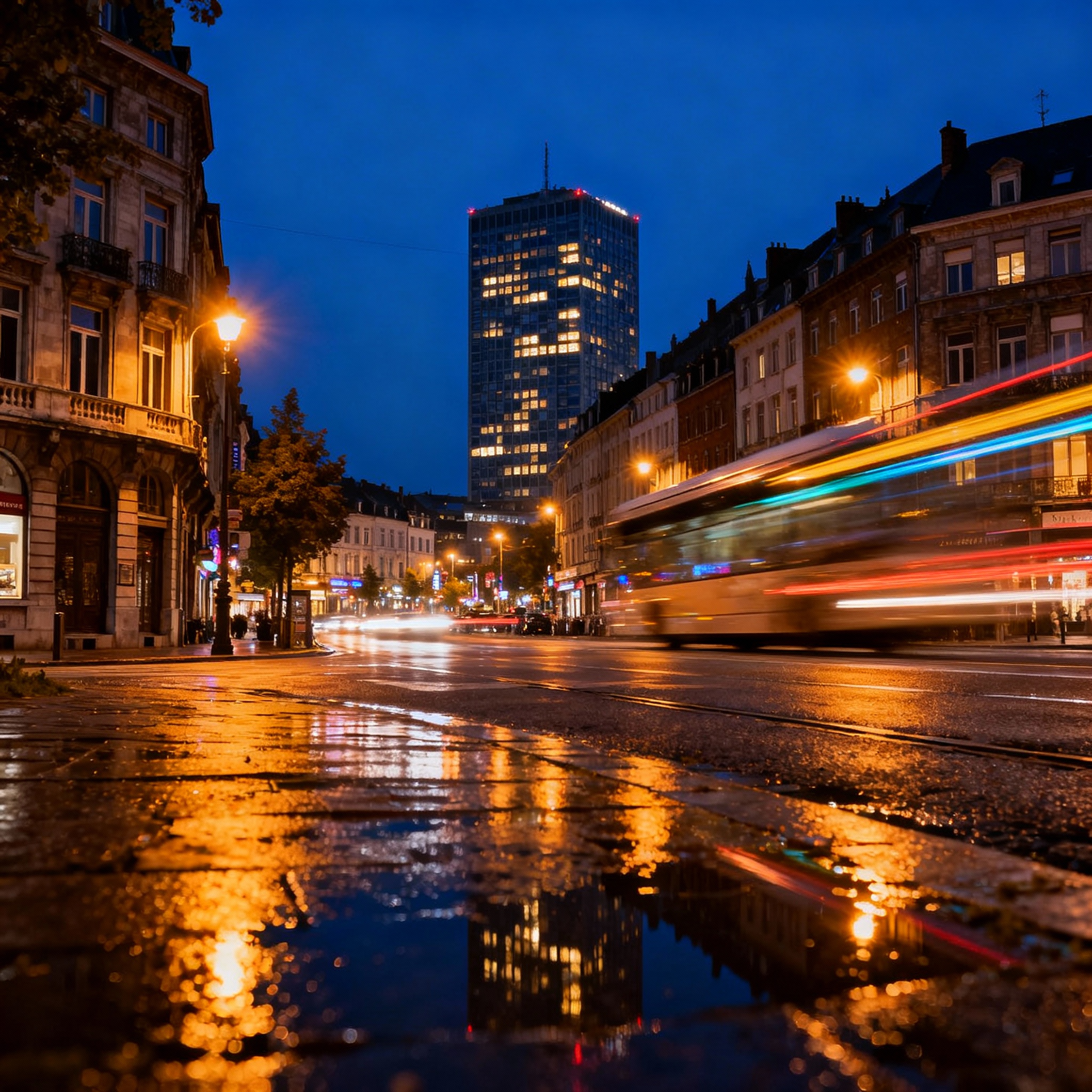 Paysage nocturne de la Wallonie avec des étoiles.