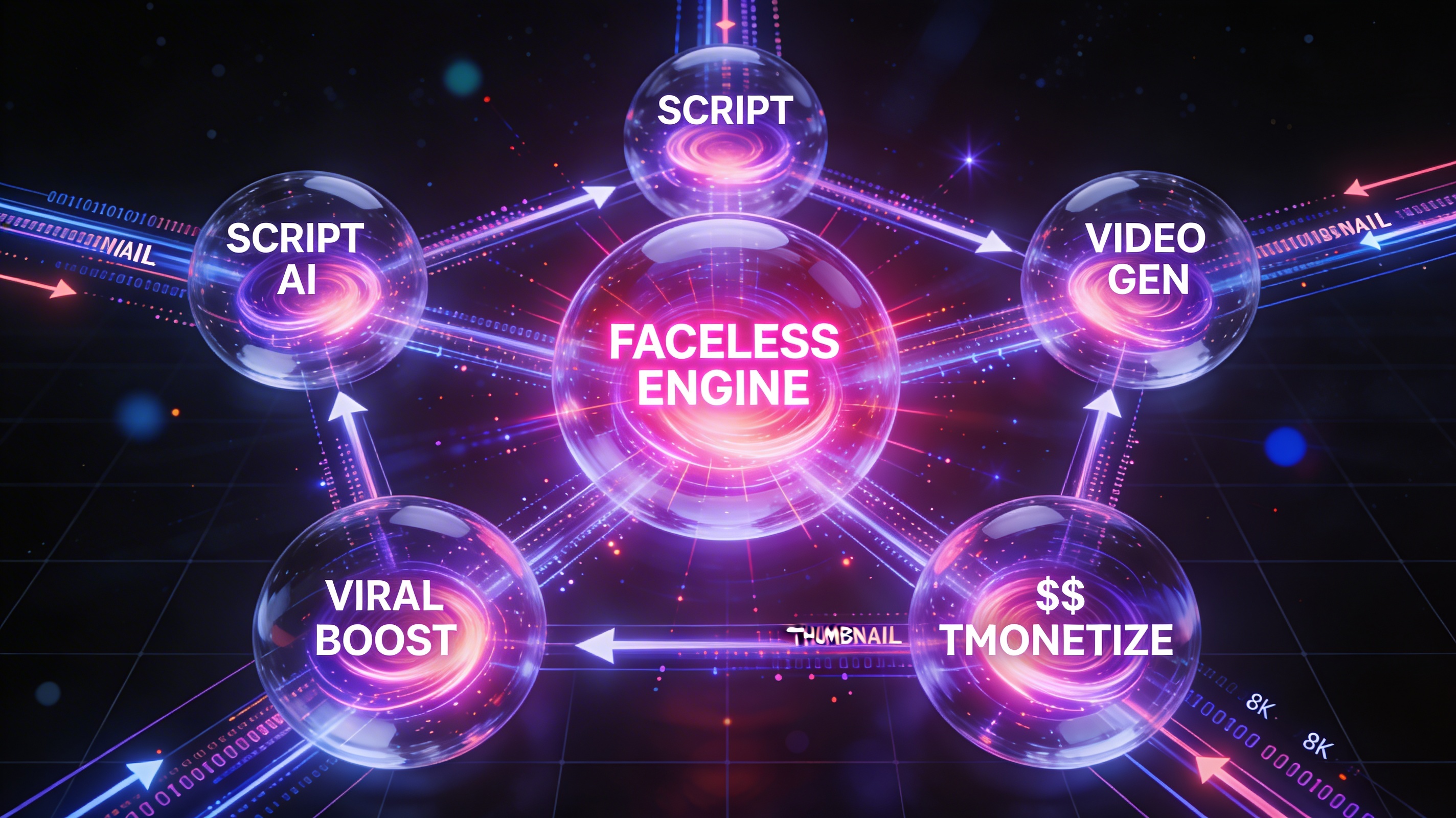 Futuristic holographic visualization of five interconnected AI tool nodes in glowing purple and pink energy, data streams flowing between them, center node labeled FACELESS ENGINE, sci-fi tech stack architecture.