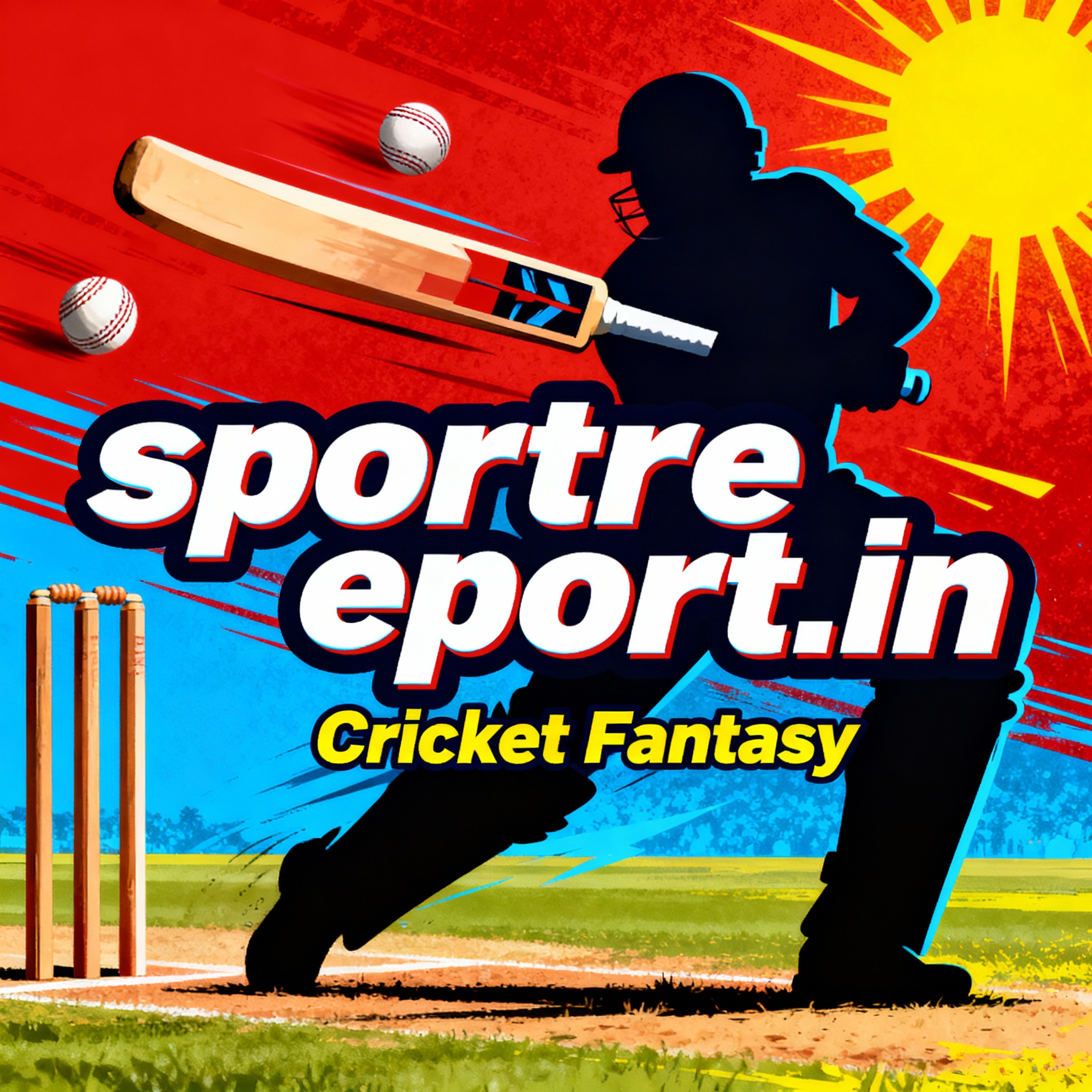 Ad poster for sportreport.in focused on cricket fantasy, with bold colors and the domain featured centrally.
