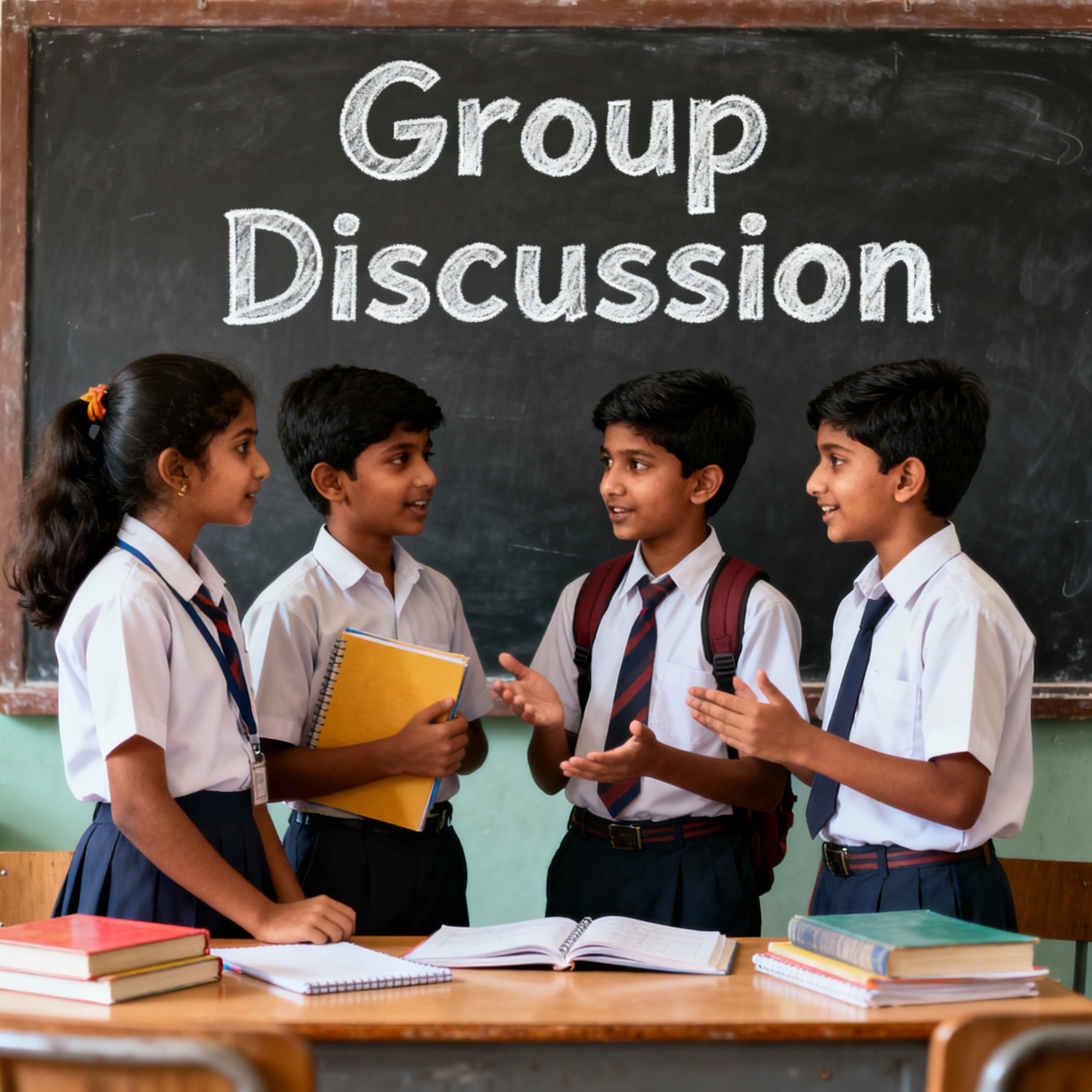 Indian urban kids having a group discussion in international school with 'Group Discussion' on the board
