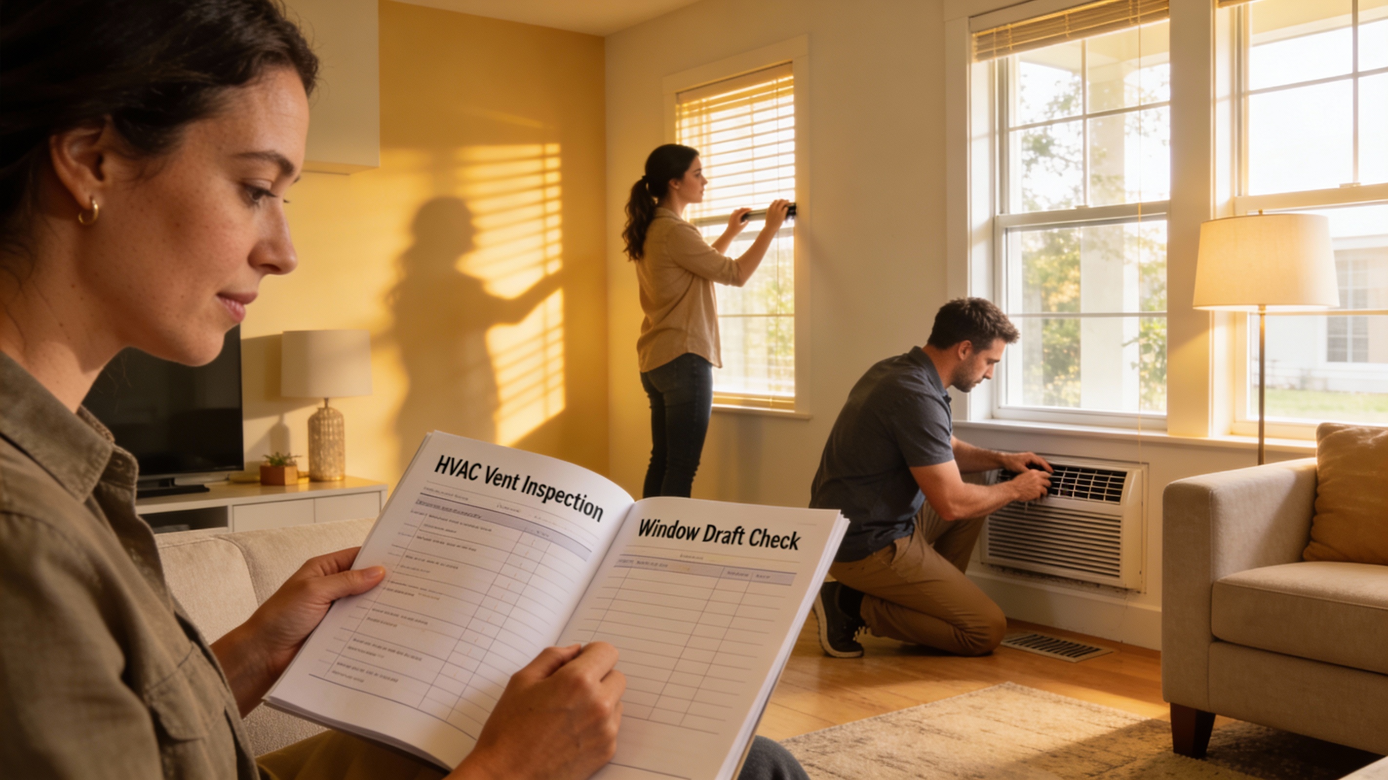 ![Homeowners using checklist ind
oors for maintenance