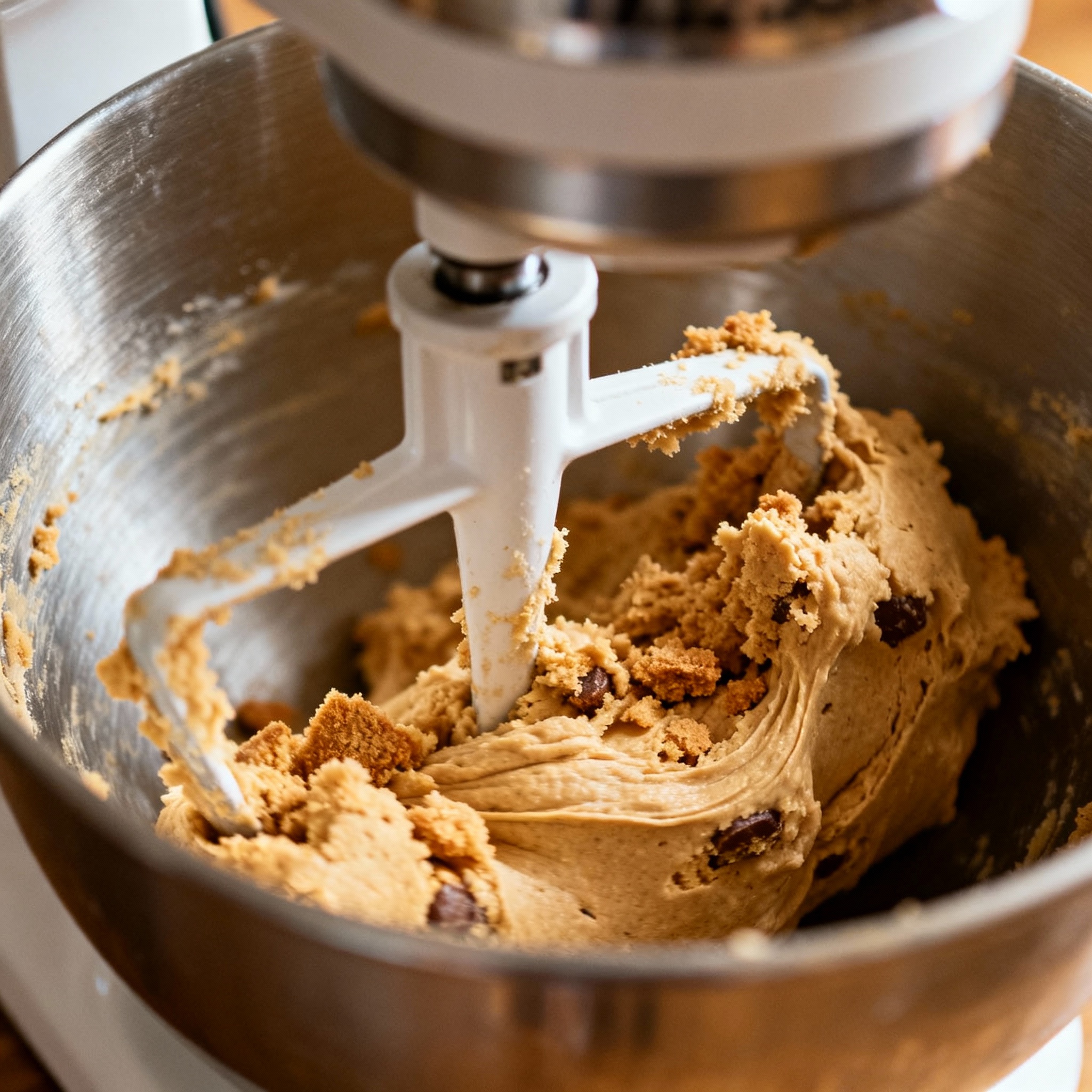 Flat beater mixing cookie dough in stand mixer