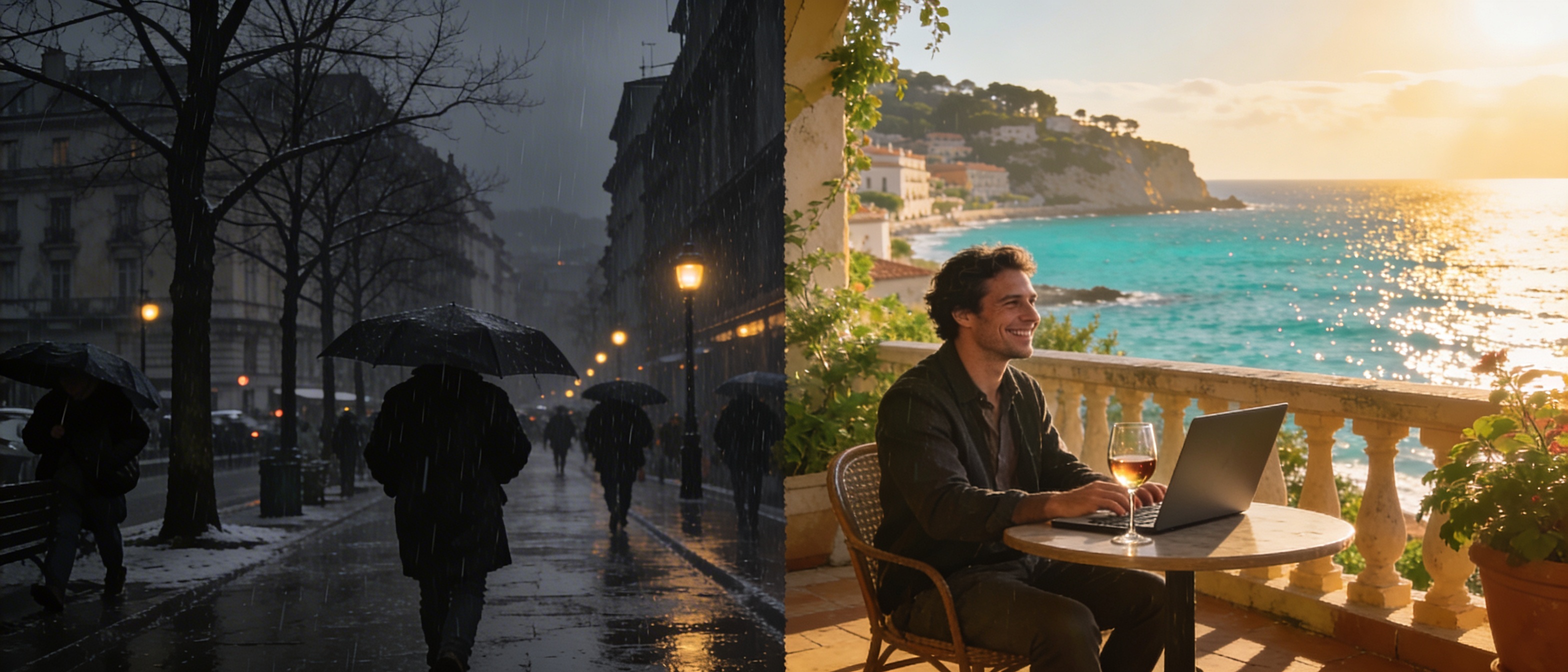 Northern Europe winter grey versus Mediterranean sunshine lifestyle contrast
