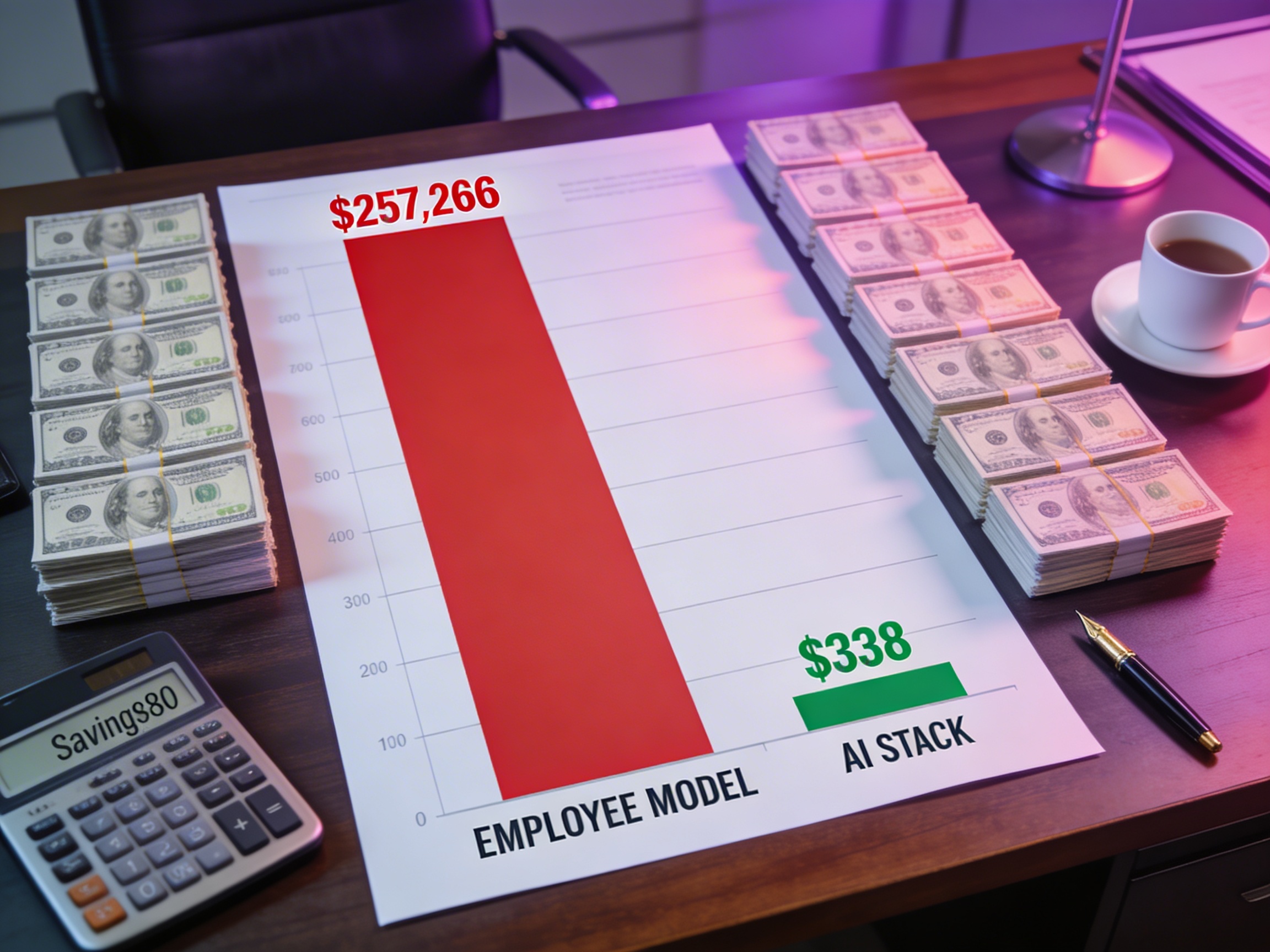 Photorealistic financial bar chart showing massive red column at $257,266 for employee model versus tiny green column at $338 for AI automation stack, surrounded by stacks of cash representing savings