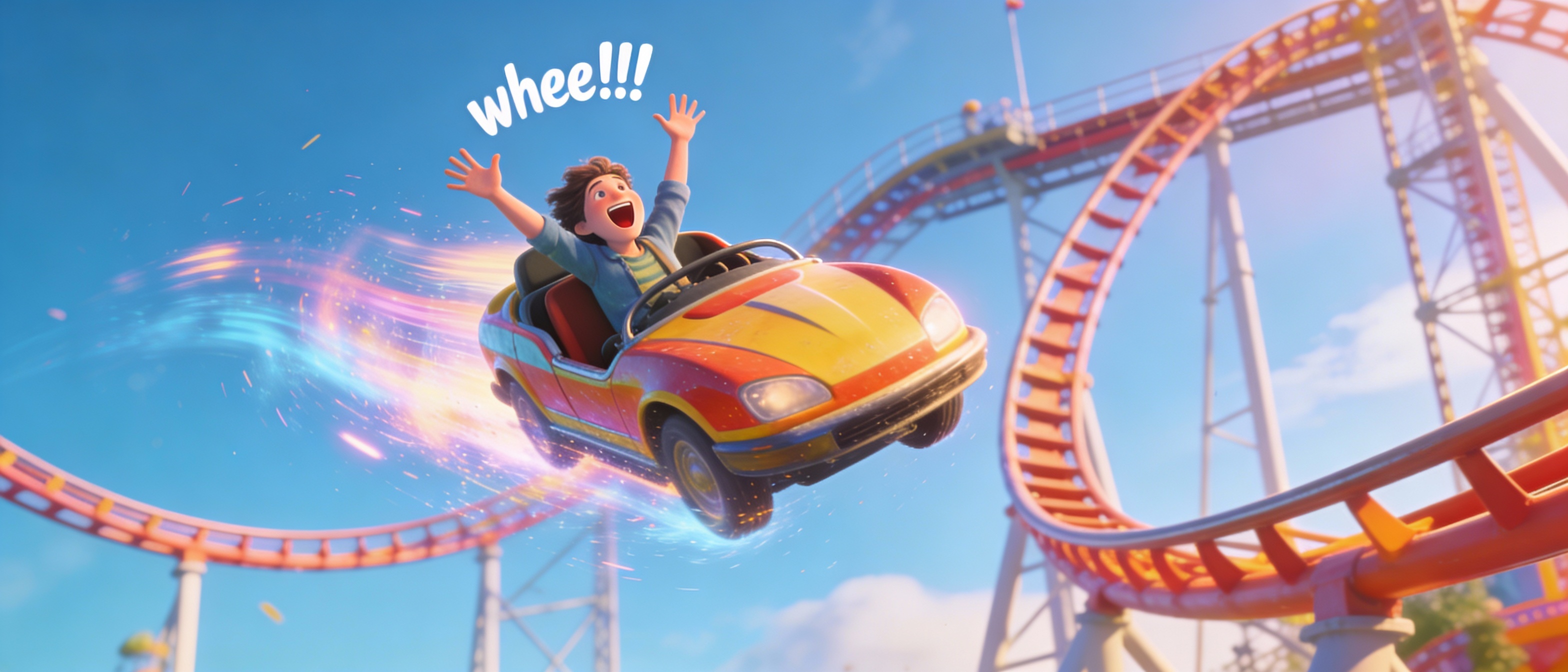 Roller coaster car in parallel world, figure celebrating with raised arms