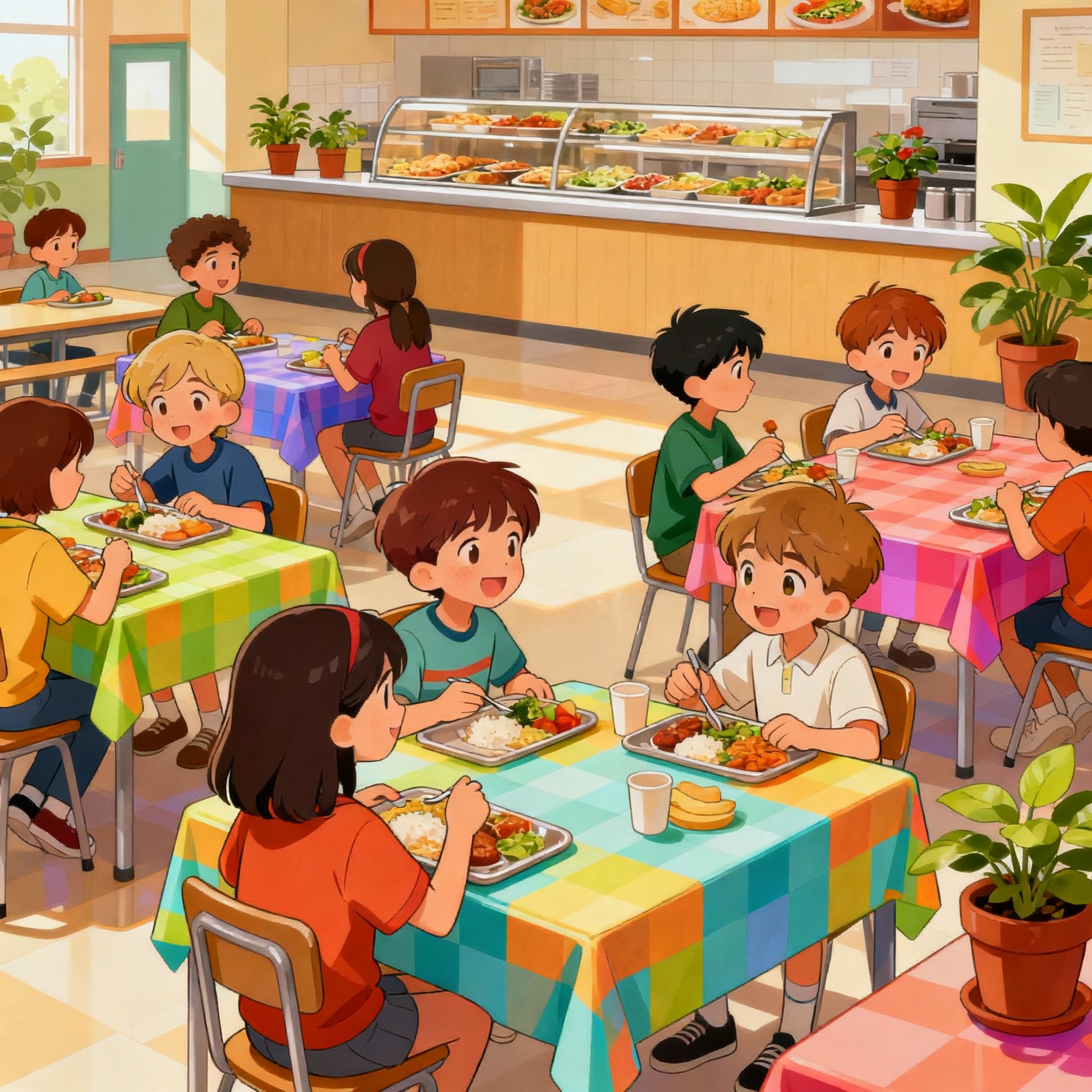 friendly and pleasant school cafeteria in animated style