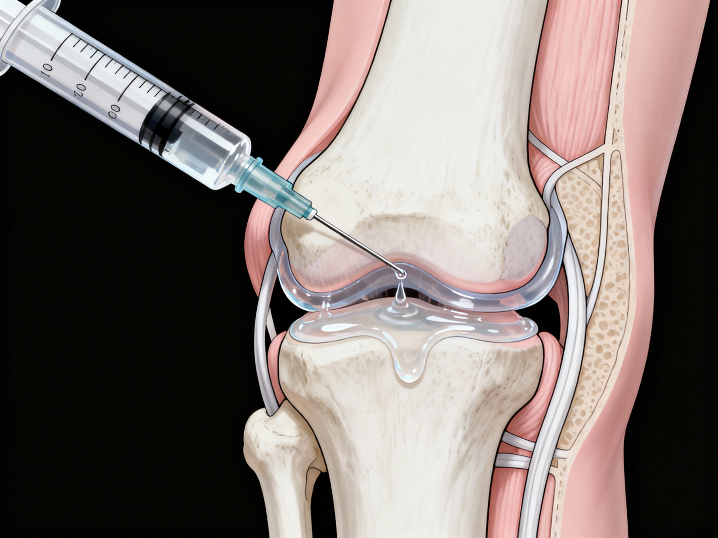 Viscosupplémentation : acide hyaluronique dans l'articulation
