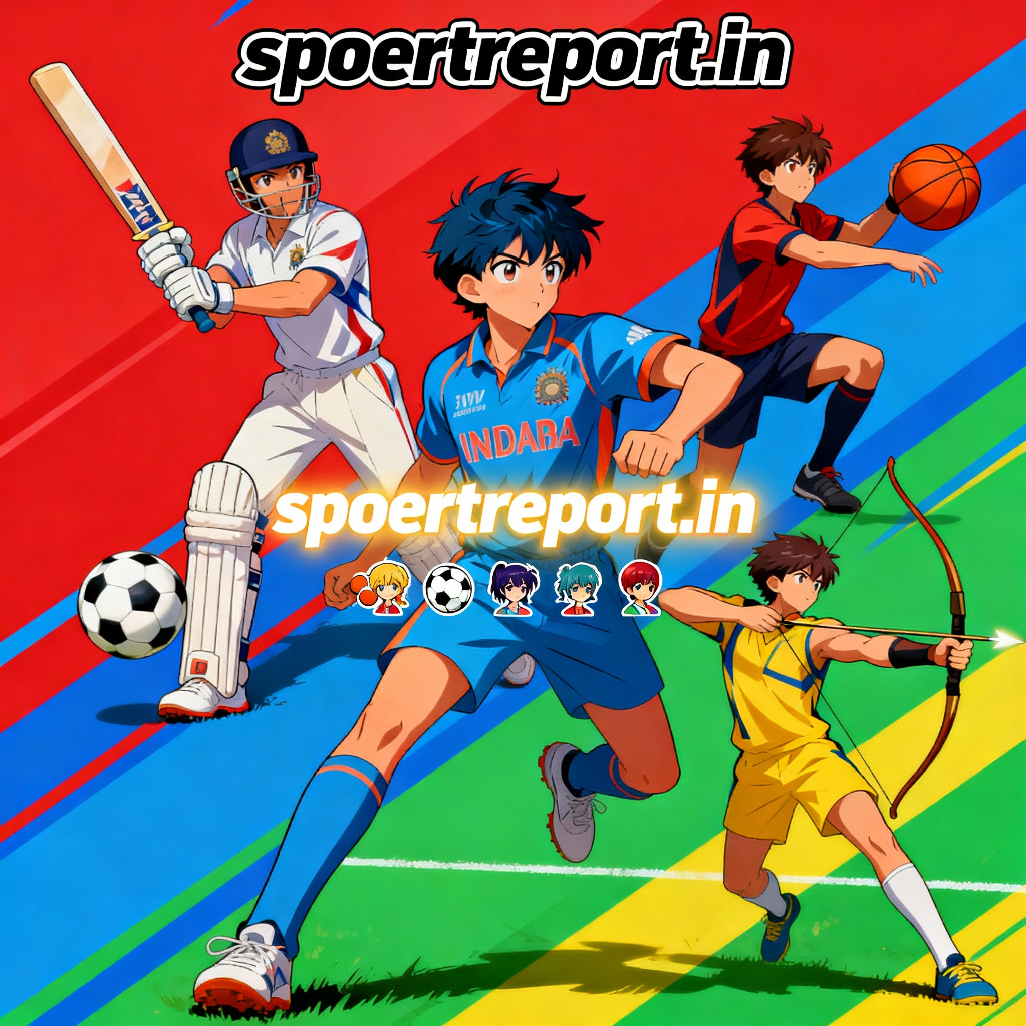 Anime style poster for spoertreport.in with bold center domain and sports anime characters.