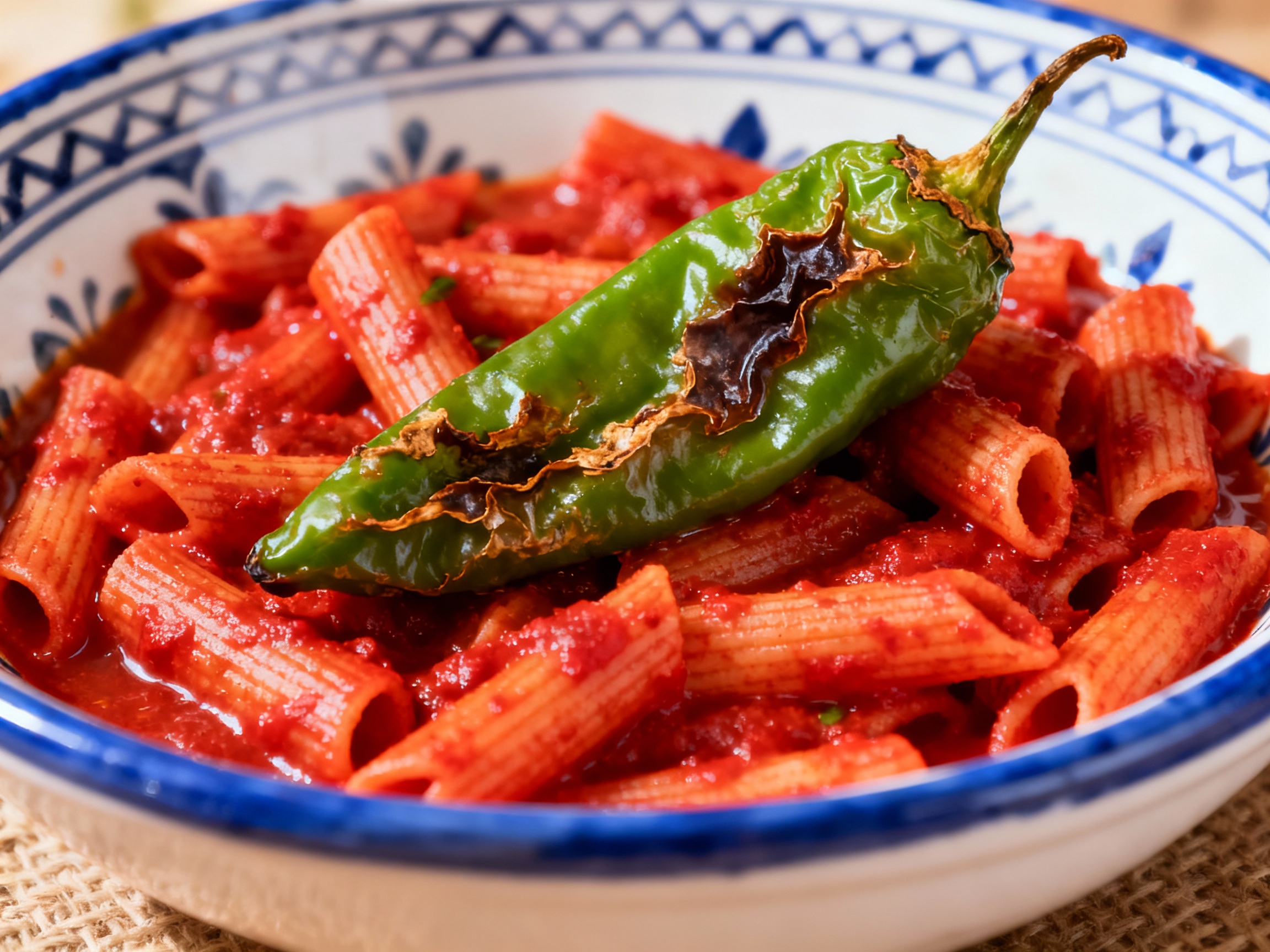 Makrouna Fell sauce rouge avec grand piment vert frit dans bol tunisien blanc et bleu, inspiré de l'exemple