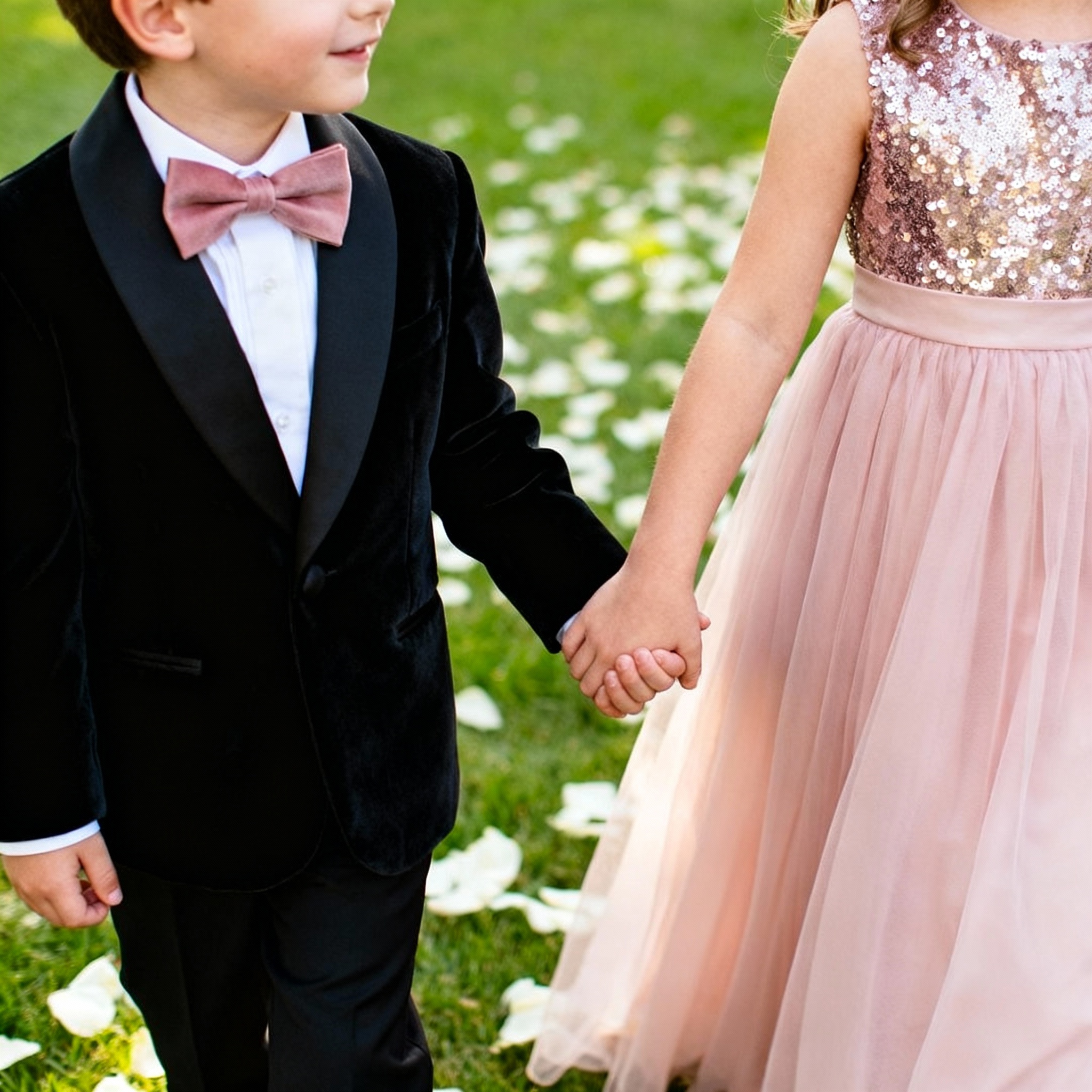 Young ring bearer and flower girl together in complementary formal styles