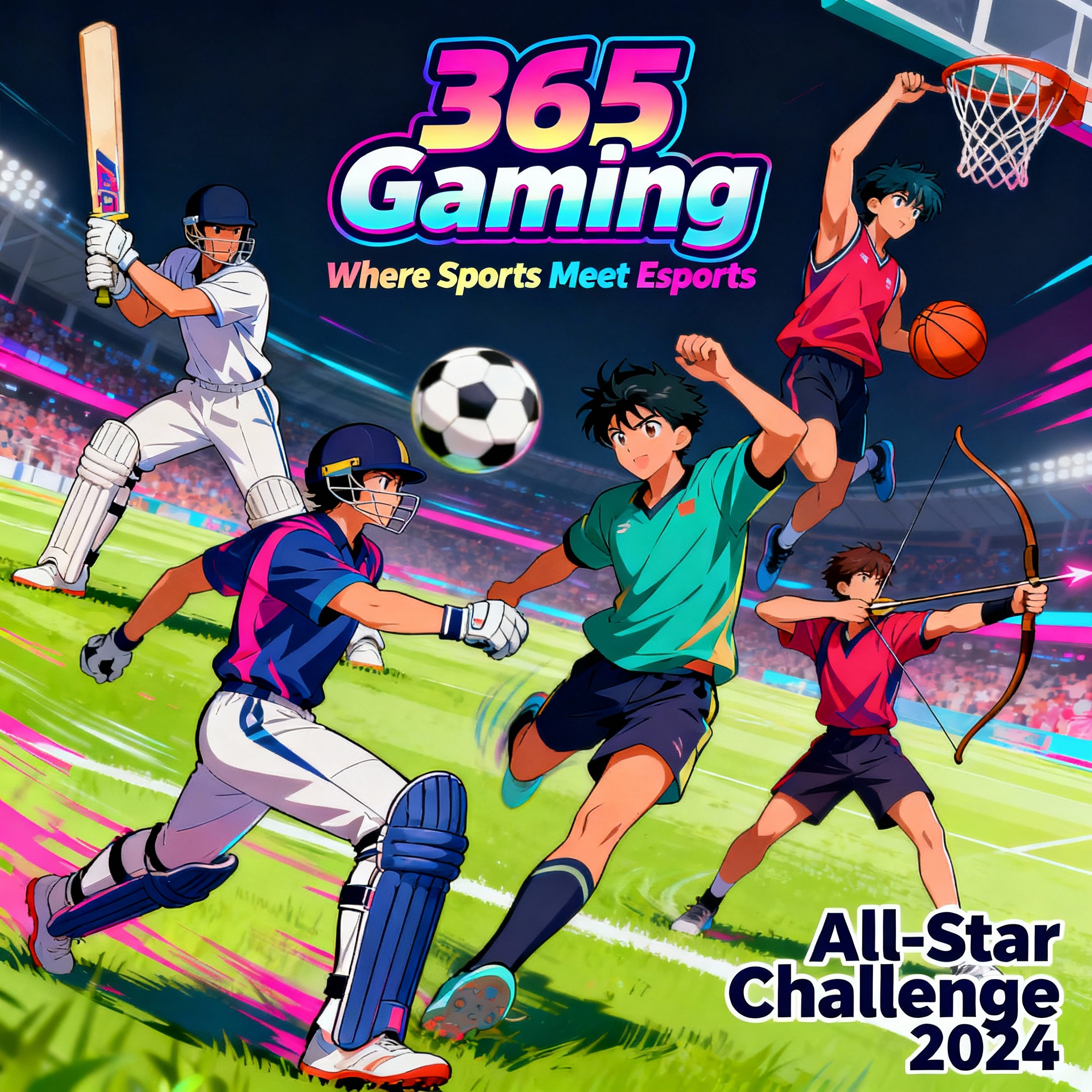 Anime-style sports and esports poster for 365 Gaming featuring cricket, football, basketball, archery characters.