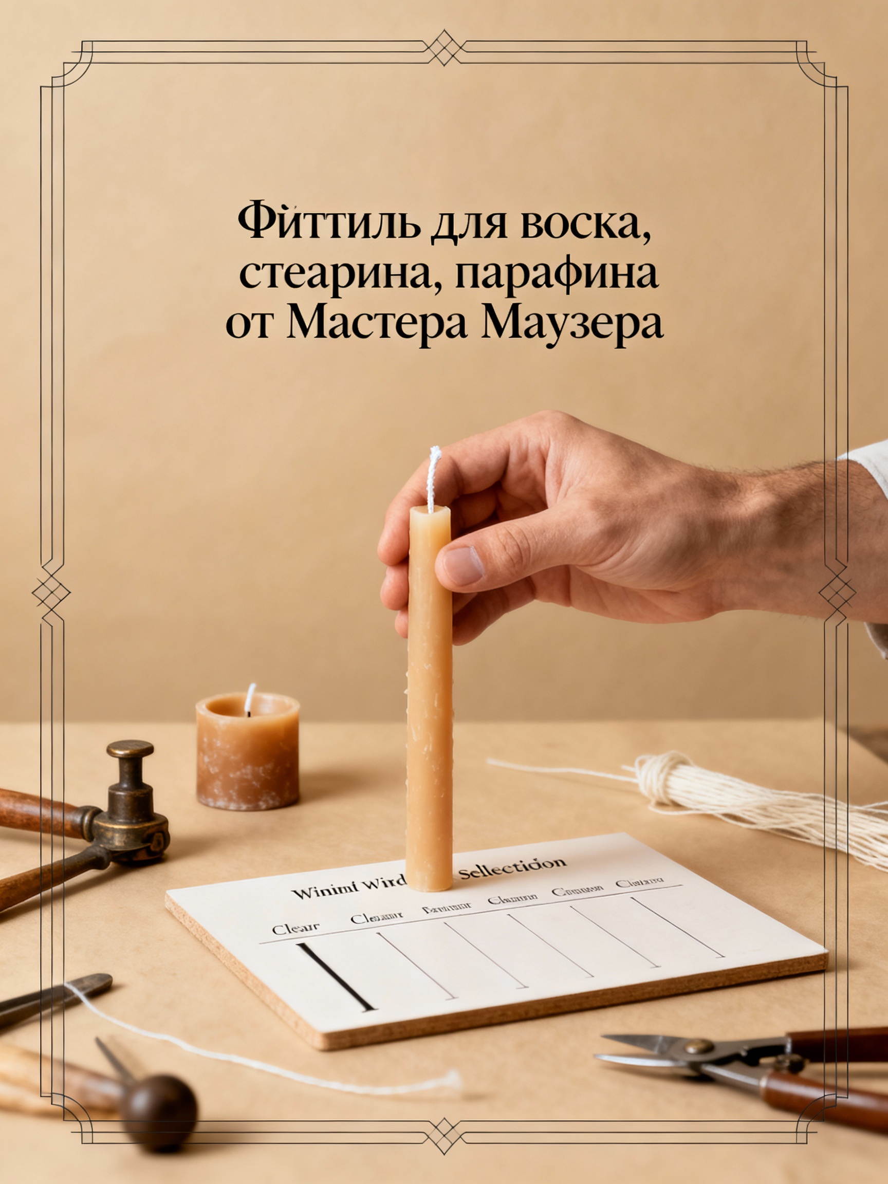 Афиша с таблицей подбора фитиля для свечей в ремесленном стиле.