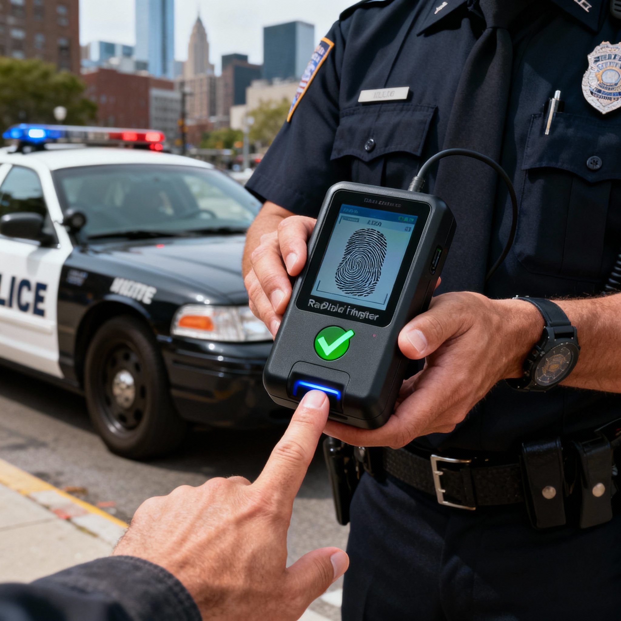 Police officer using rapid fingerprint scanner with match result in urban setting.