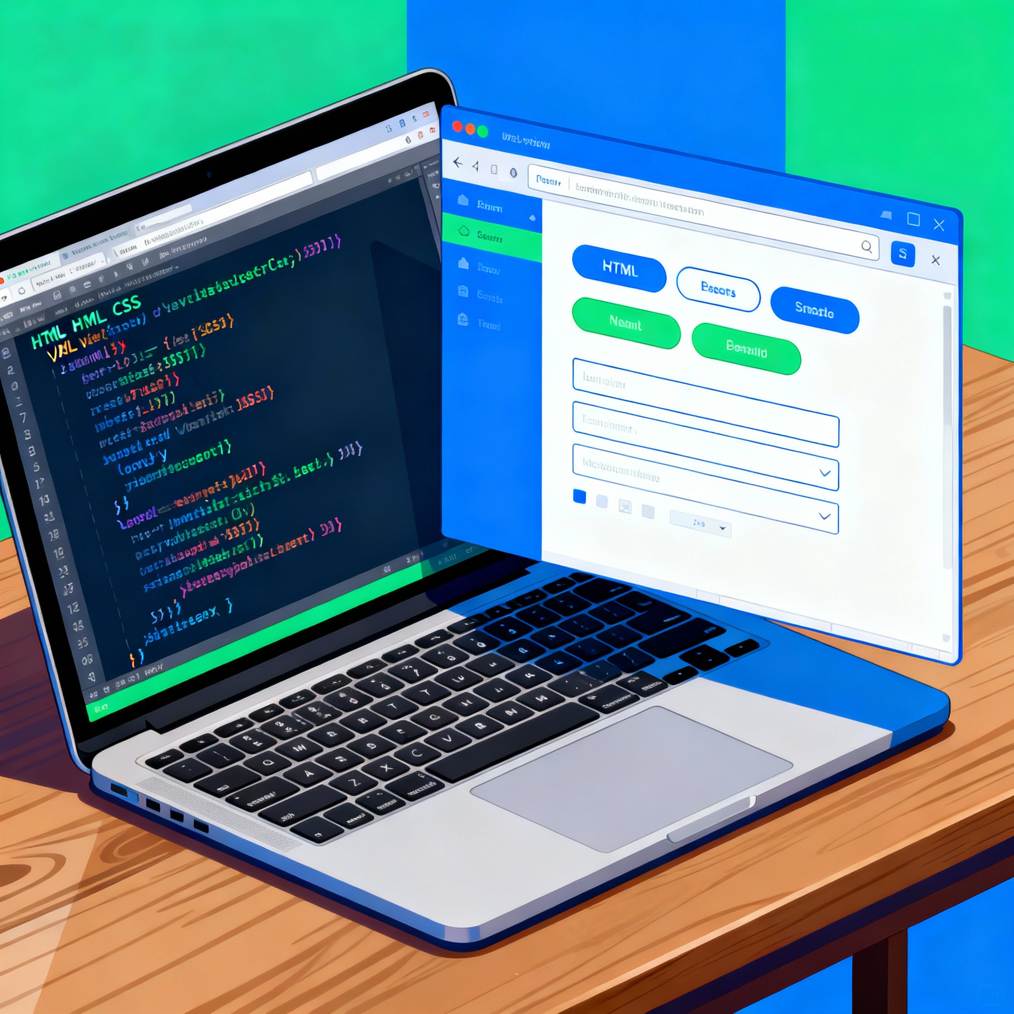 Illustration of frontend development showing a laptop with code editor, browser window, and UI components.