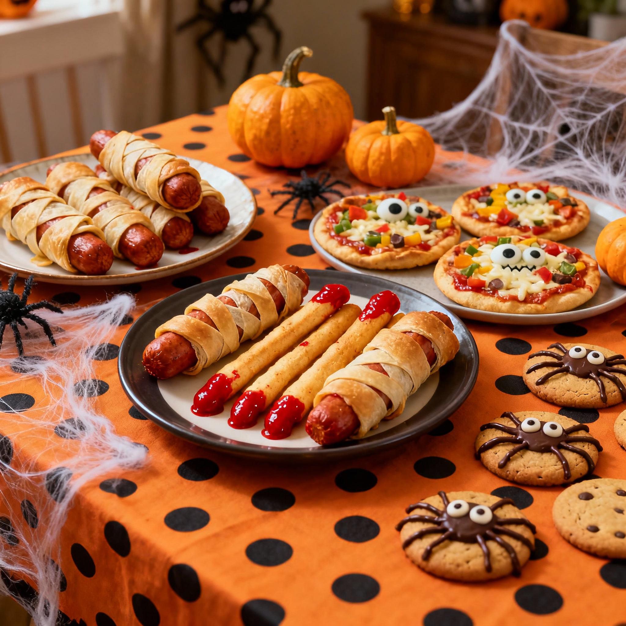 Mesa de Halloween en casa con recetas monstruosas y decoración divertida.