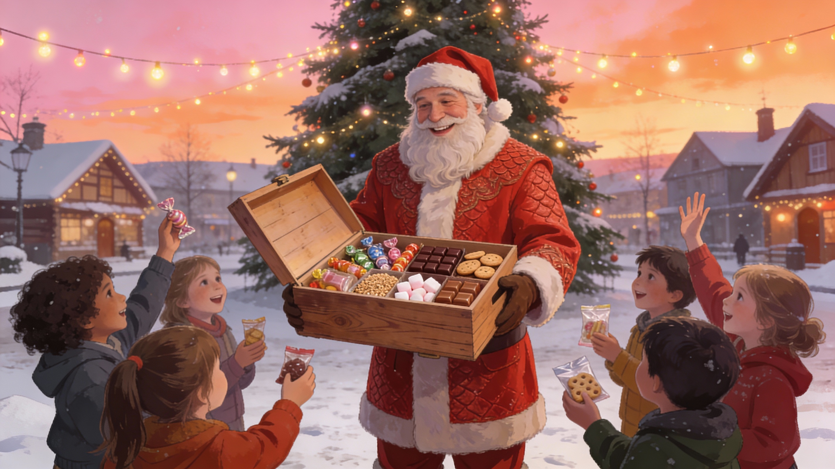 Père Noël distribuant des friandises sur une place de village enneigée.
