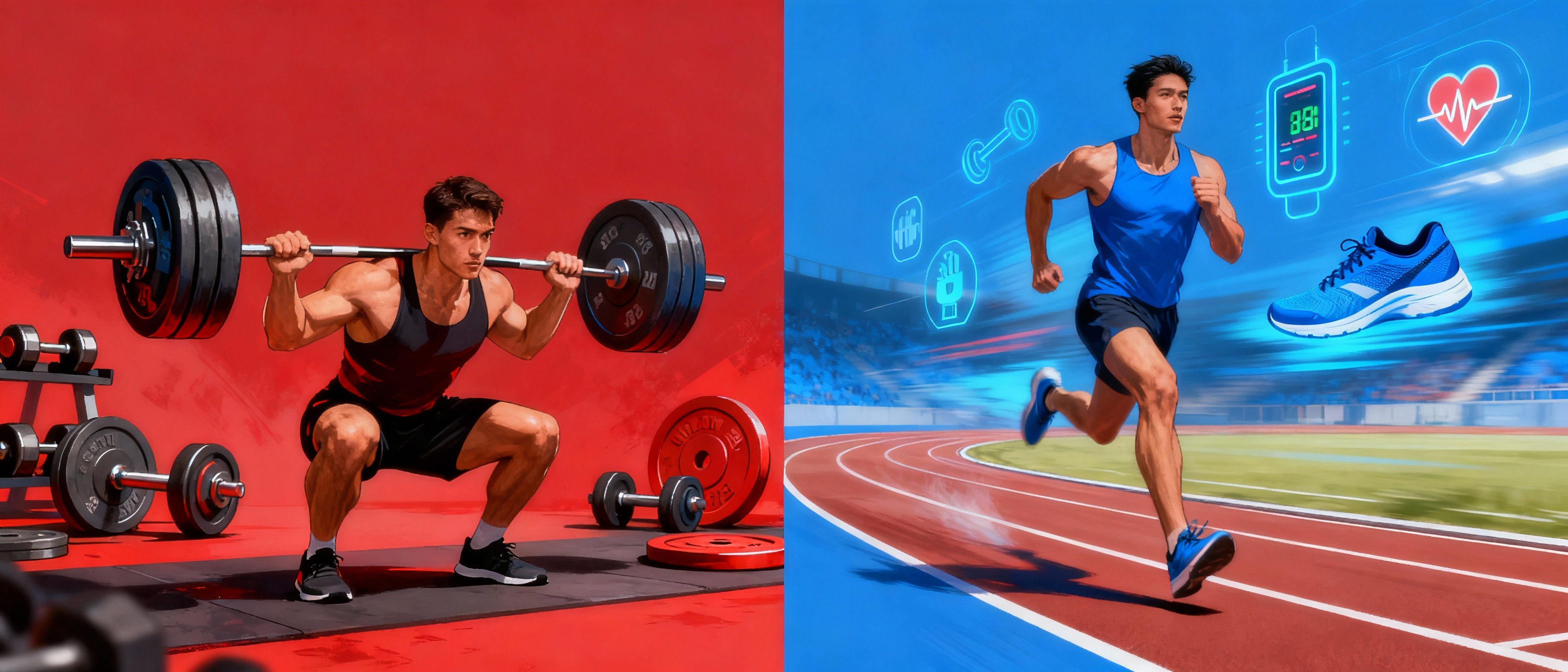 Visual summary of a hybrid athlete training: combining strength (weightlifting) and endurance (running).