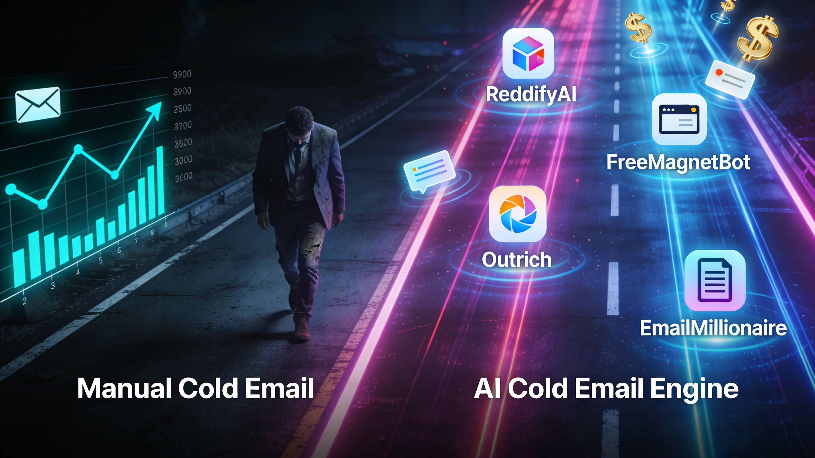 Two paths showing dark road of manual cold email versus bright neon highway powered by AI cold email engine tools.
