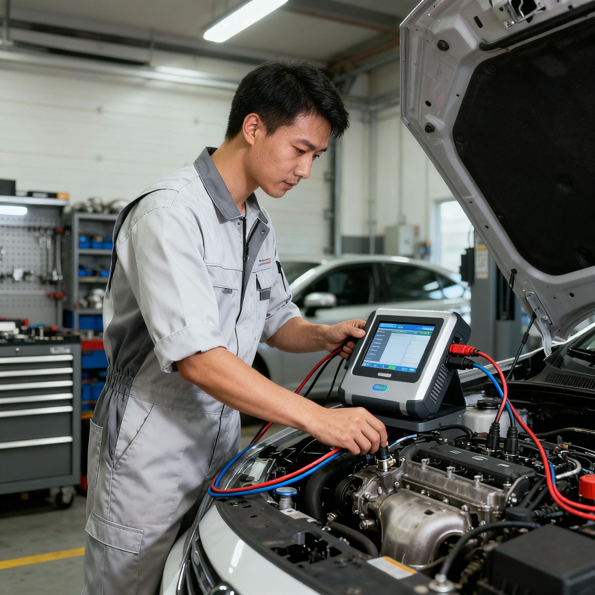 Professional mechanic working with diagnostic equipment