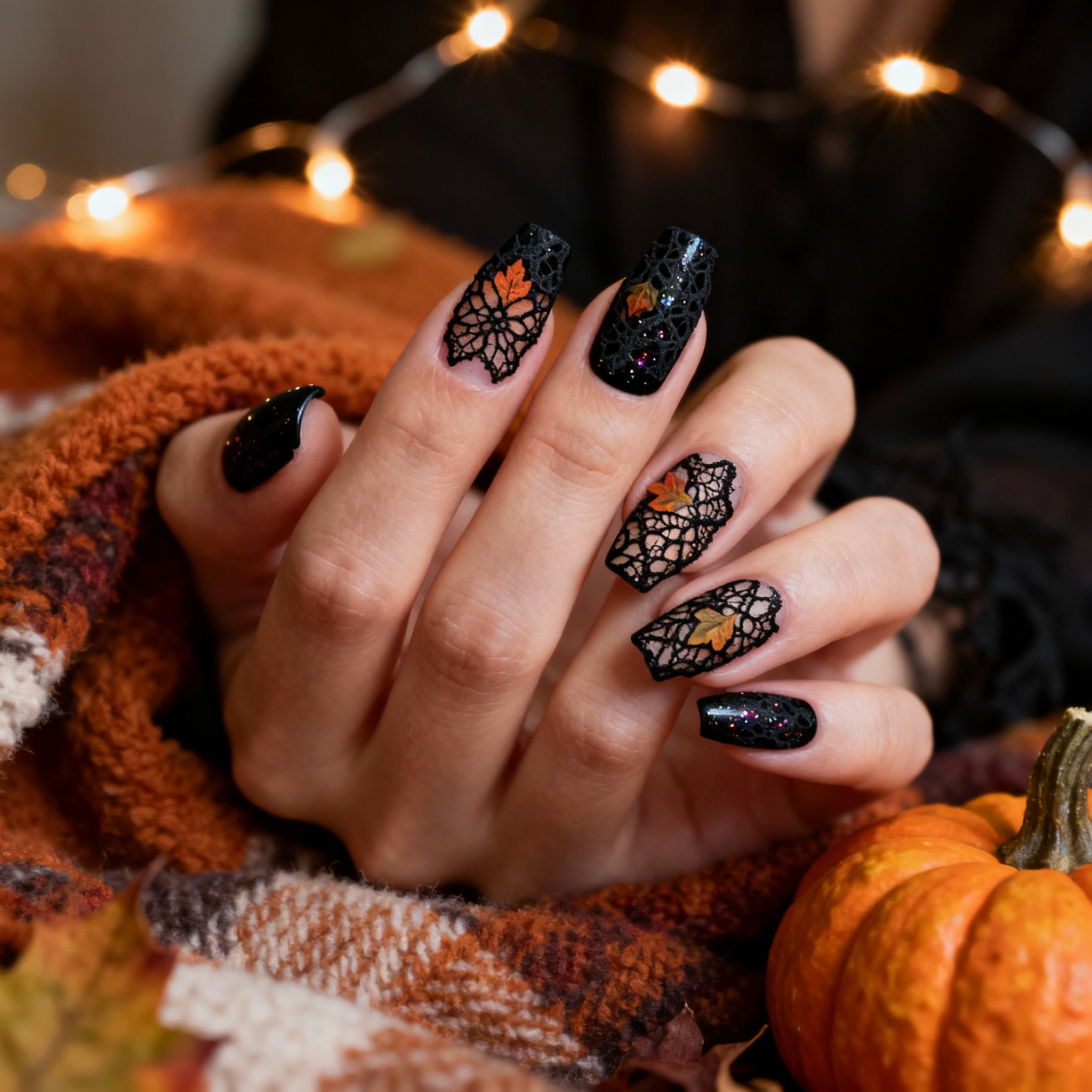 Gothic lace Halloween nail design with cozy autumn decor