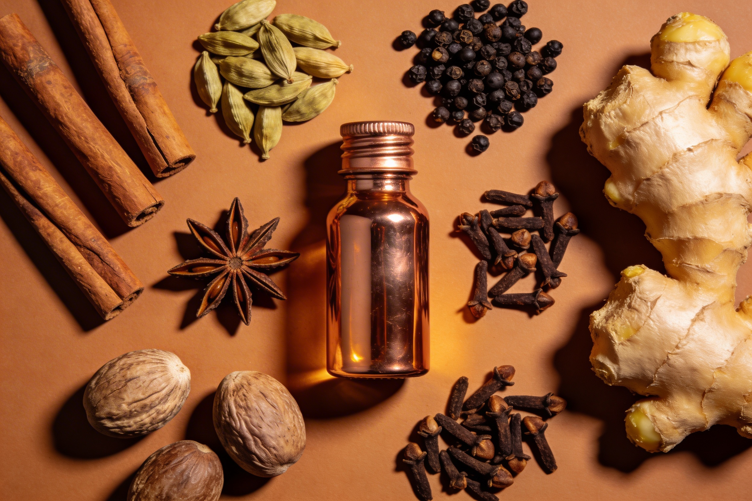 Cinnamon sticks, cardamom pods, black pepper, star anise, cloves and ginger root on terracotta with amber bottle