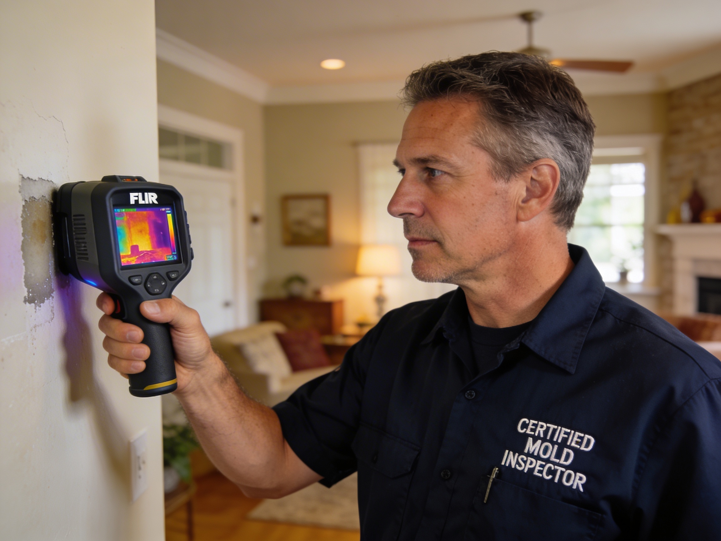 Certified mold inspector performing hidden mold detection at a Houston Texas home with infrared thermography camera