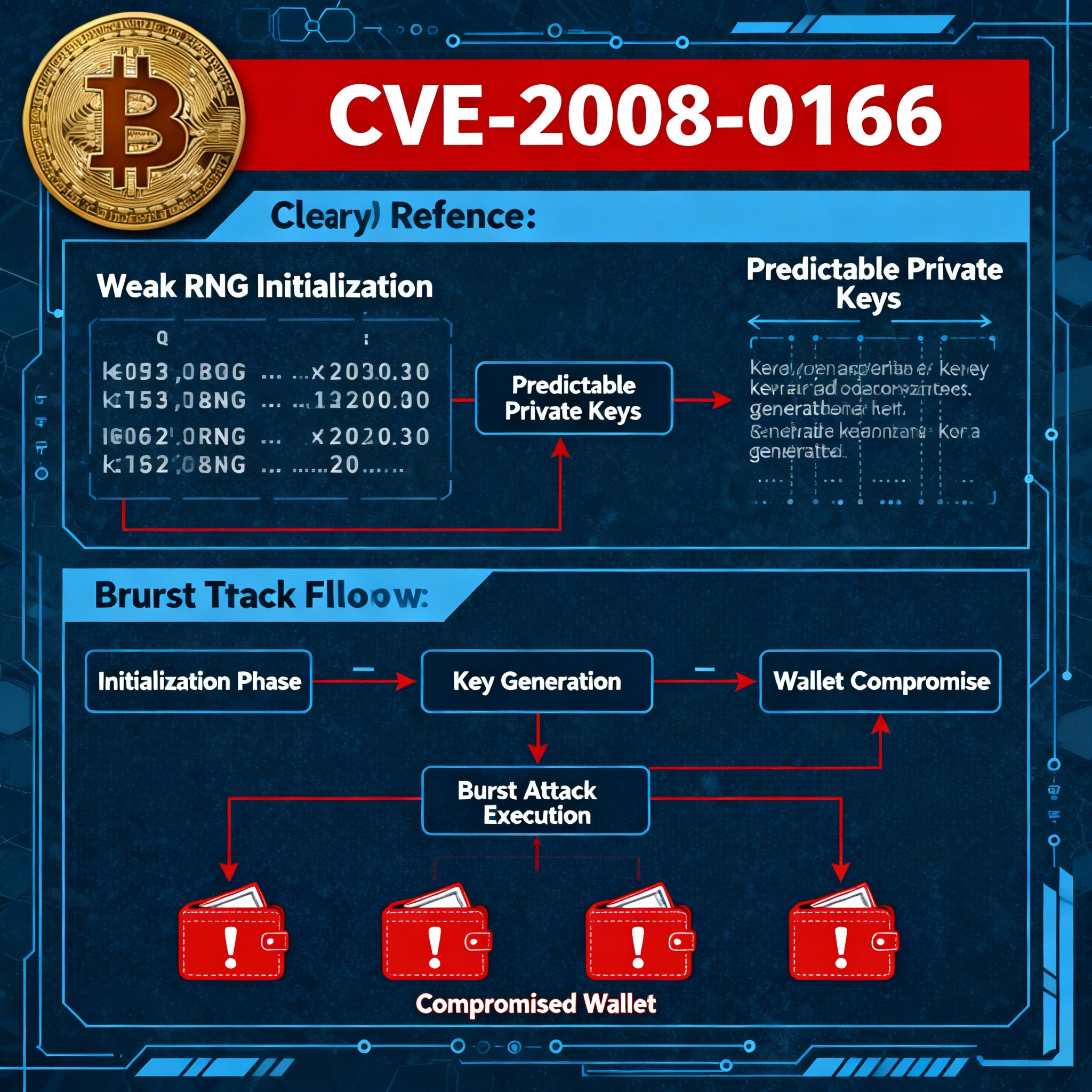Research diagram illustrating the Private Key Random Init Burst Attack cryptographic vulnerability in Bitcoin wallets