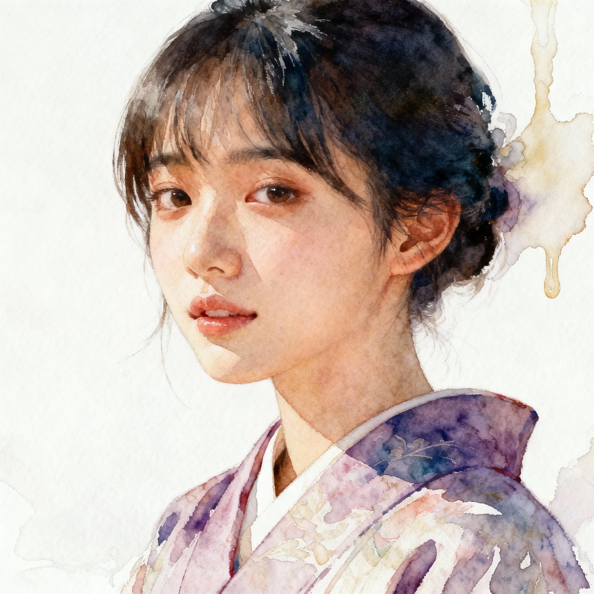 Close-up portrait of a young Asian woman in traditional Japanese kimono, watercolor style