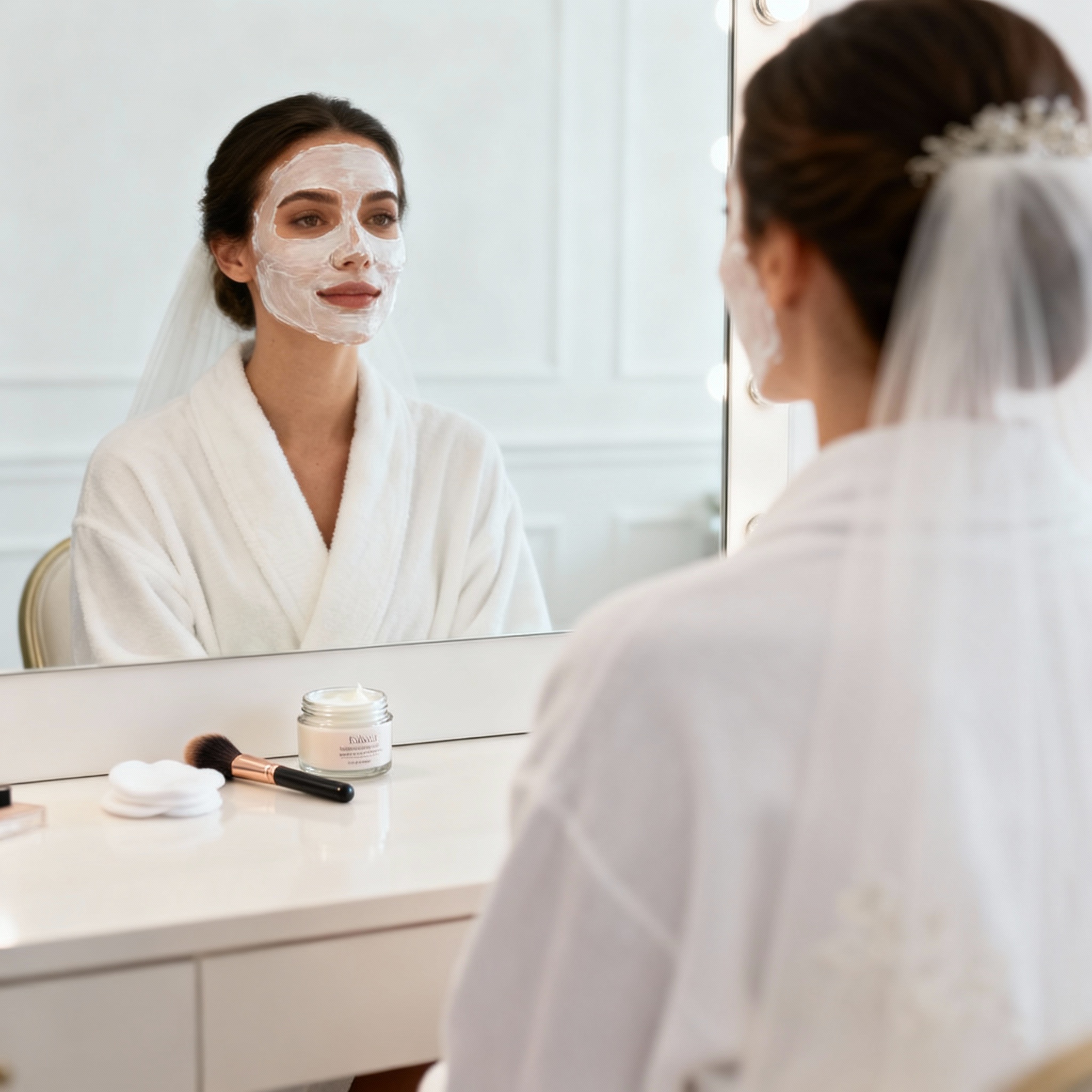 Bride preparing skin with skincare routine before makeup trial