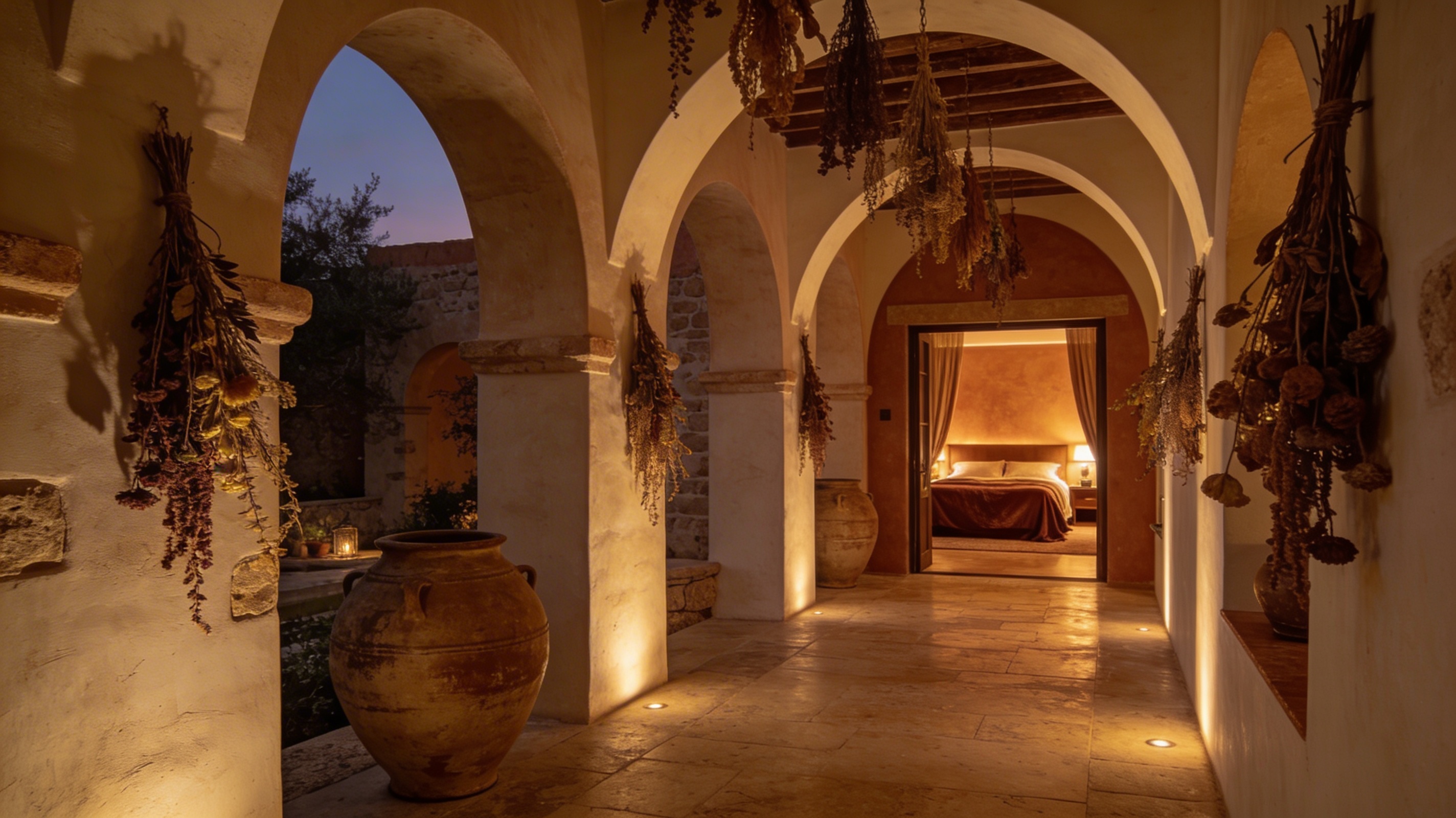 A beautifully lit boutique hotel corridor with warm arched architecture and luxury linen bedding