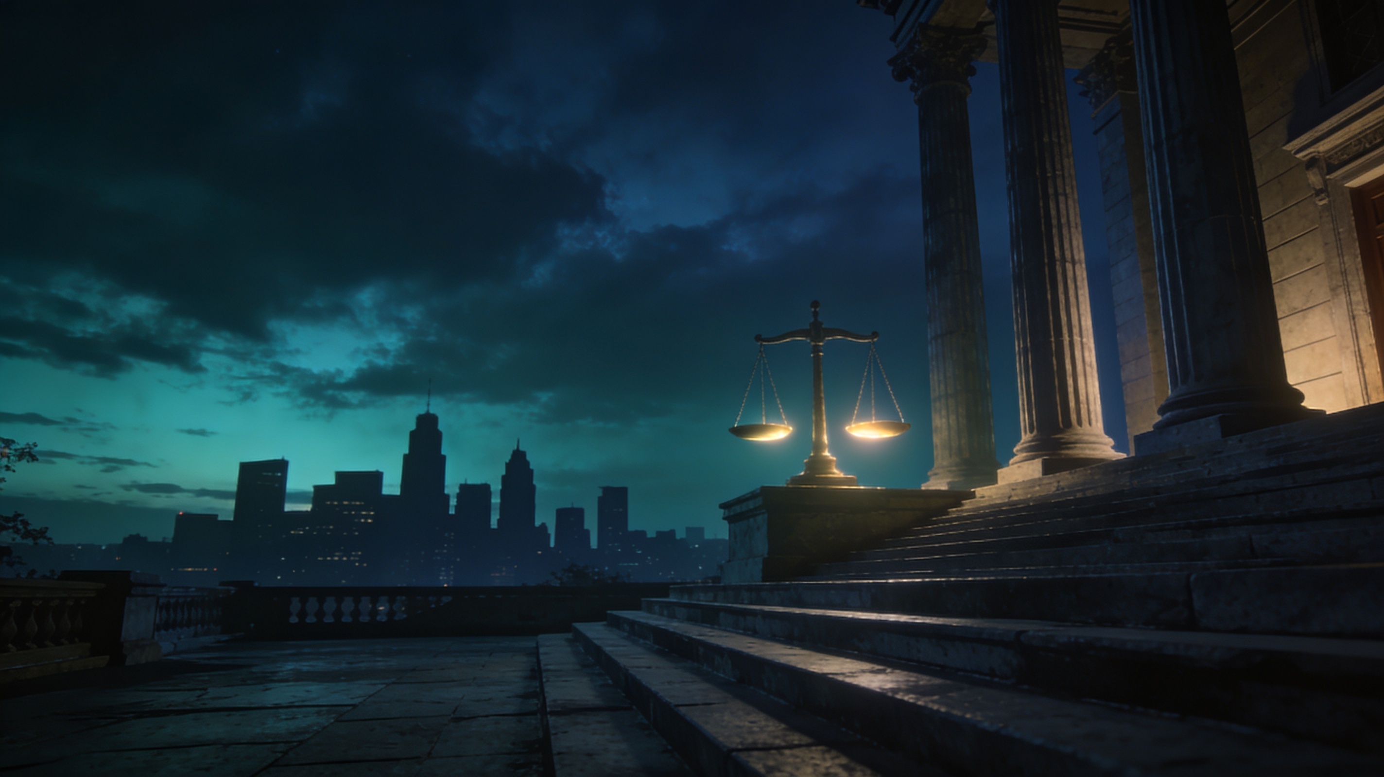 City skyline with courthouse at twilight