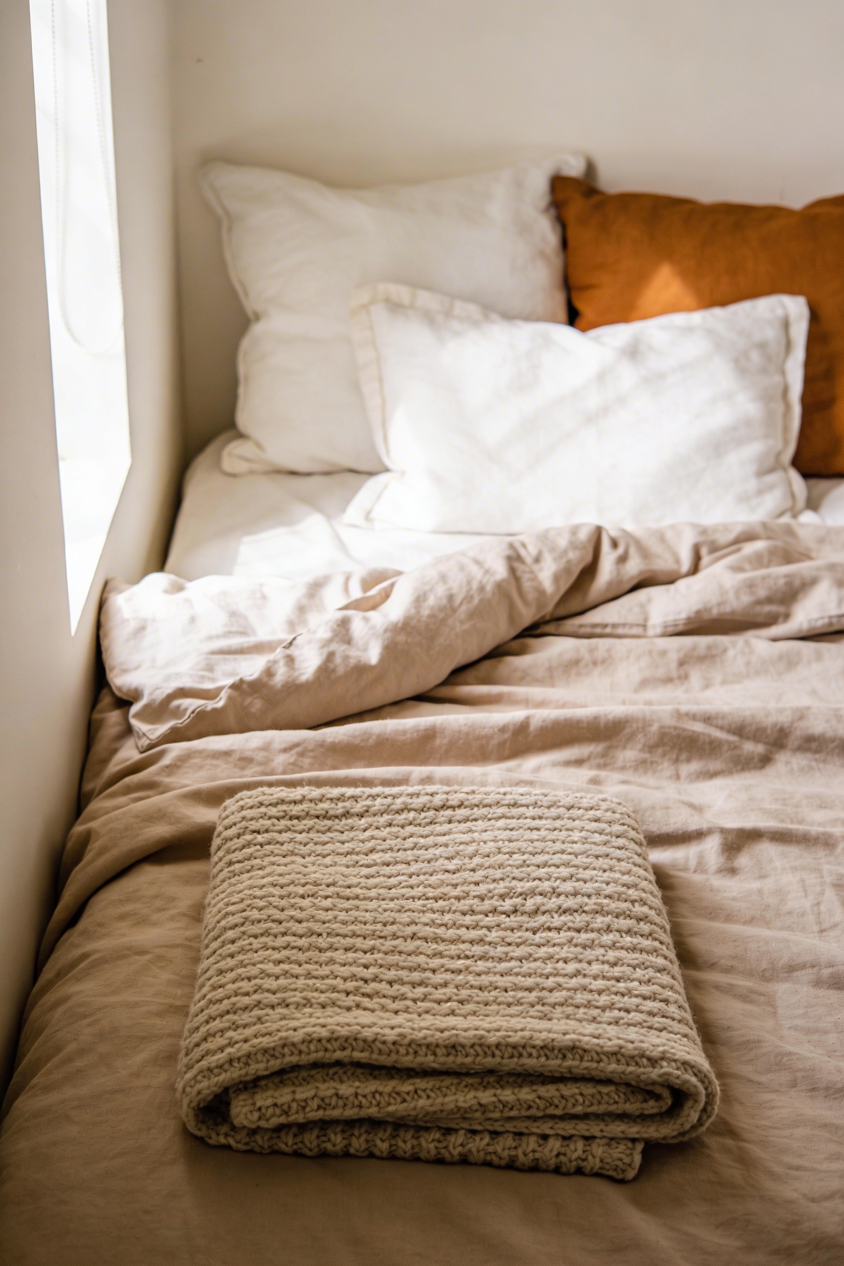 Cozy small bedroom with neutral layered bedding and a textured throw blanket