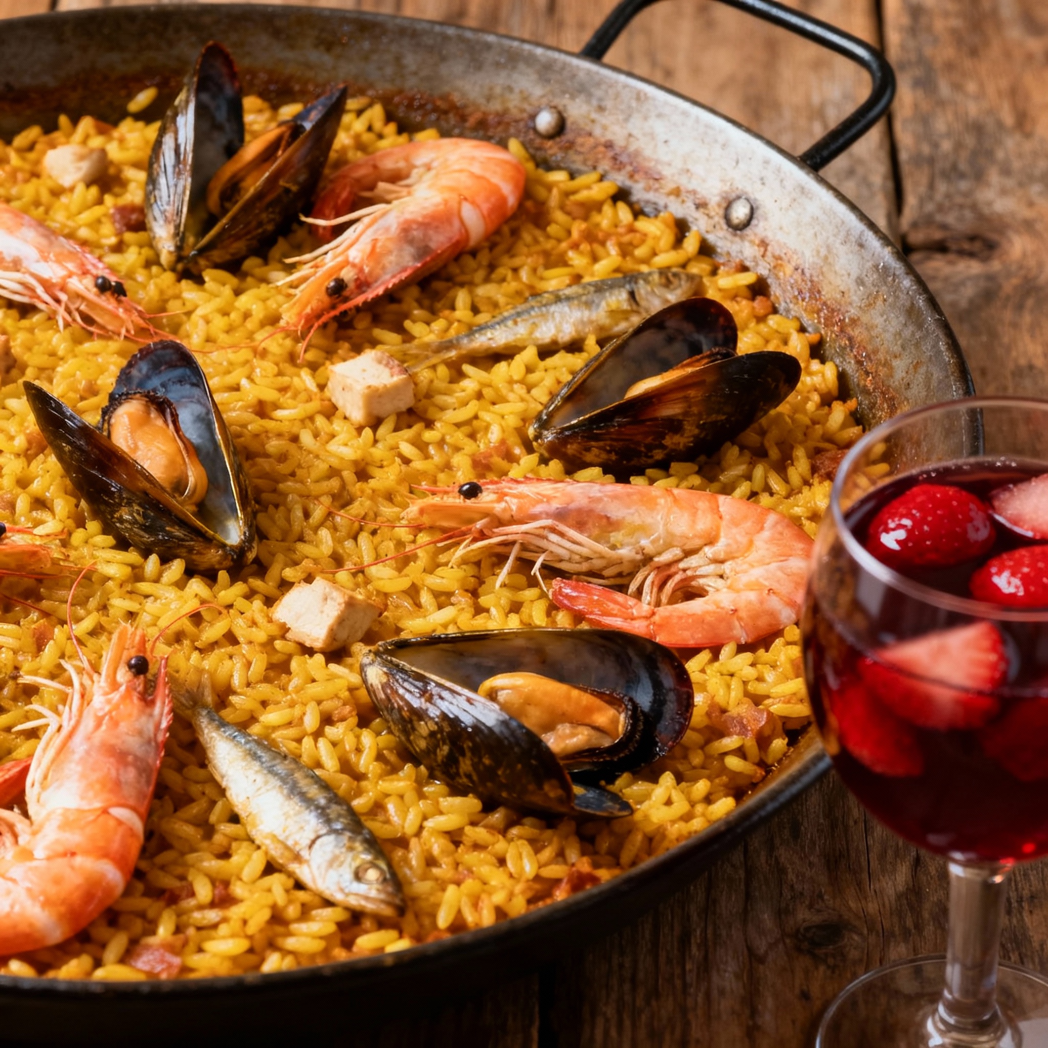 Paella di pesce con sangria