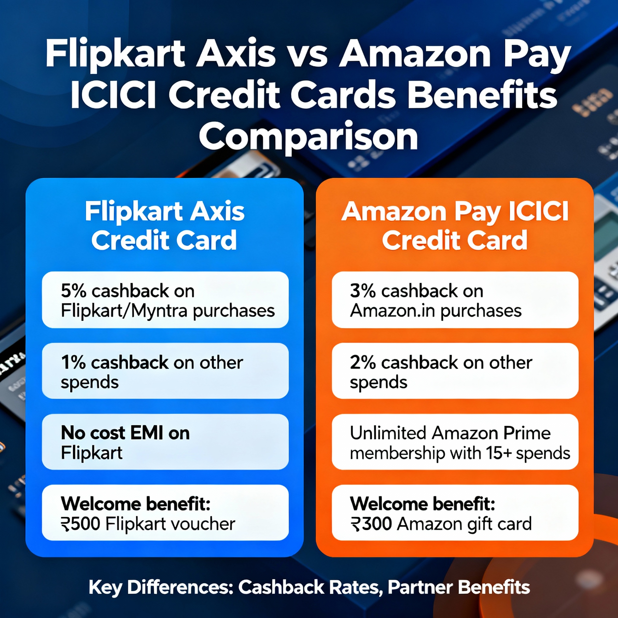 Unbelievable Flipkart Axis Bank Credit Card Review 2025: Kya Worth Hai? 3 Comparison chart of Flipkart Axis vs Amazon Pay ICICI credit card benefits