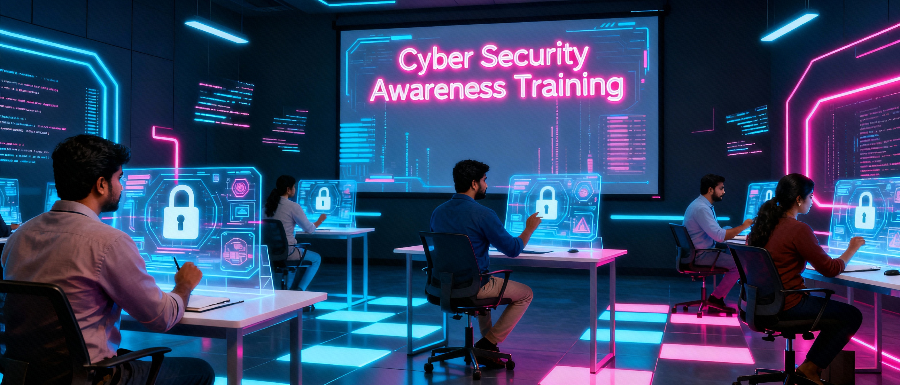 Employees learning cyber security awareness in neon themed training