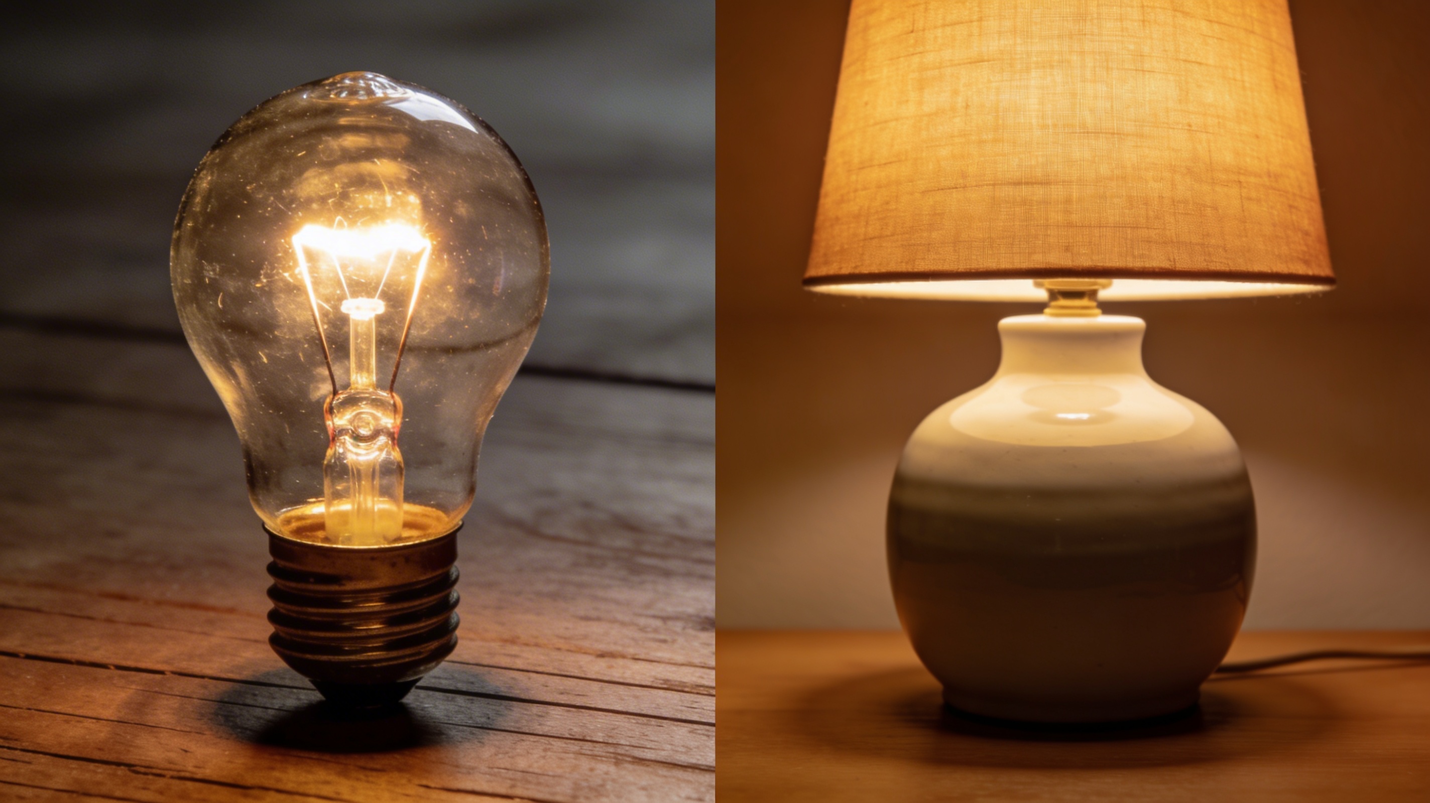 A bare Edison filament bulb (outdated trend) next to a modern ceramic table lamp with soft linen shade casting warm 2700K light