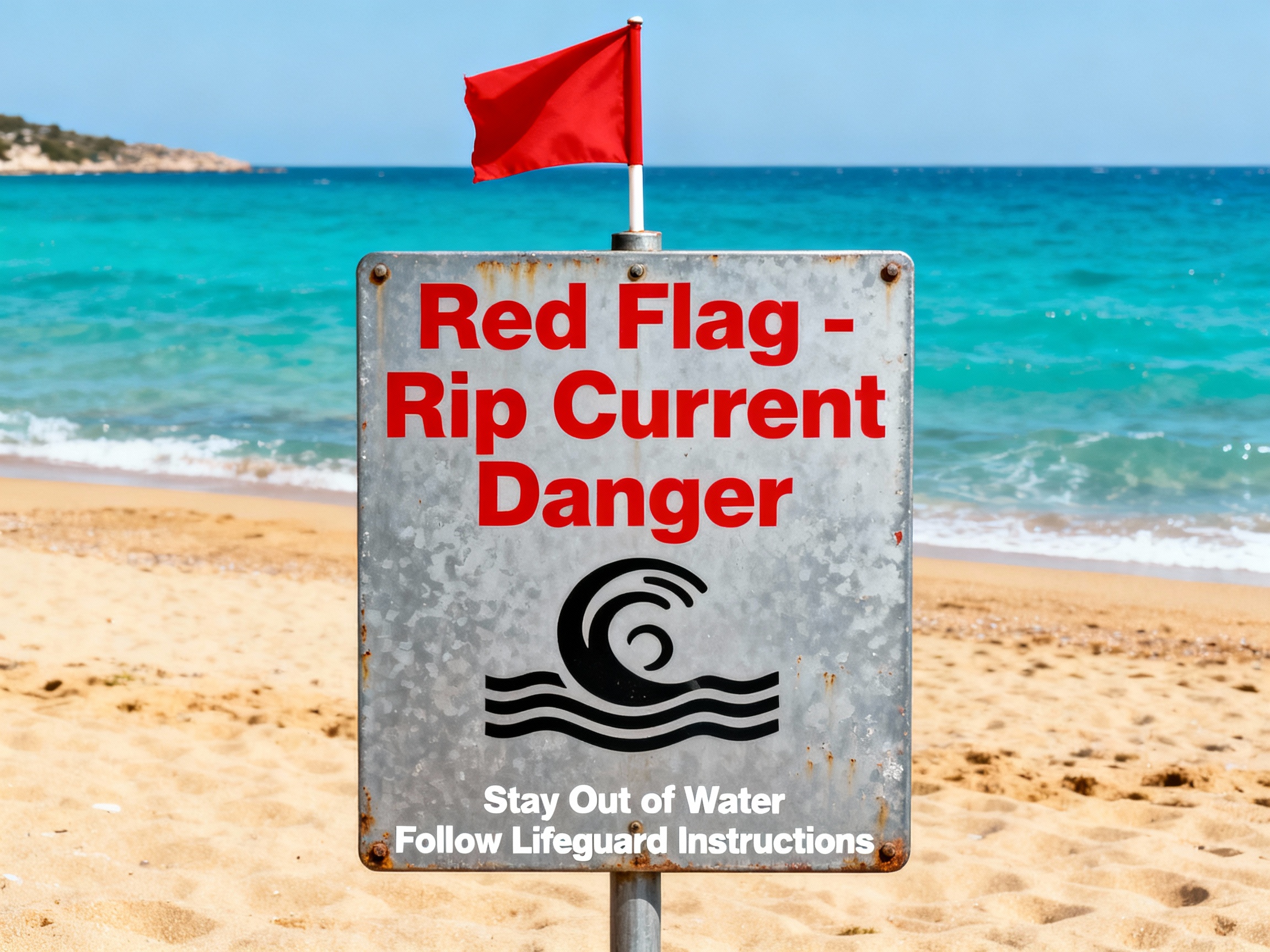 Bandiera rossa di pericolo in spiaggia: segnale di mare non sicuro per la balneazione