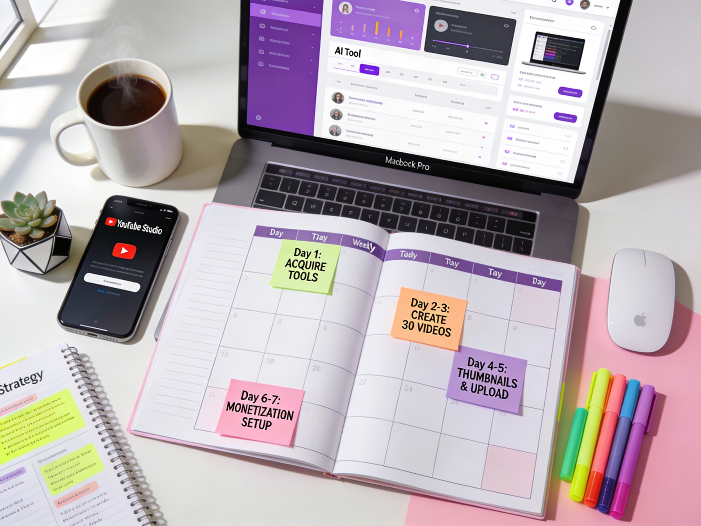 Photorealistic overhead view of organized desk with 7-day calendar planner, each day marked with specific task sticky notes, laptop showing AI dashboard, smartphone with YouTube upload screen, coffee, notebook, morning sunlight.