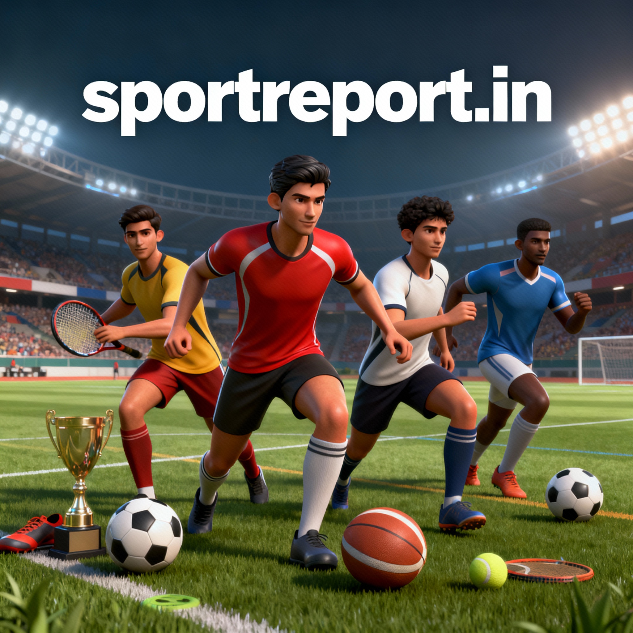 Realistic sports ad poster for sportreport.in, 3D with lifelike athletes