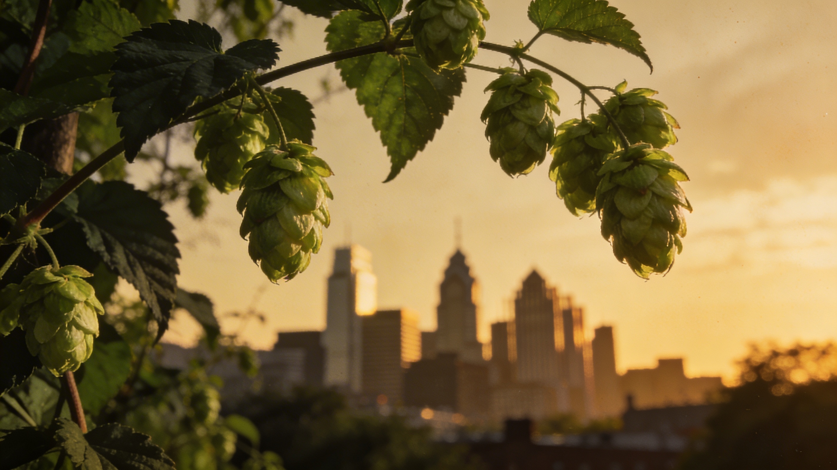 Hop cones and Philadelphia skyline