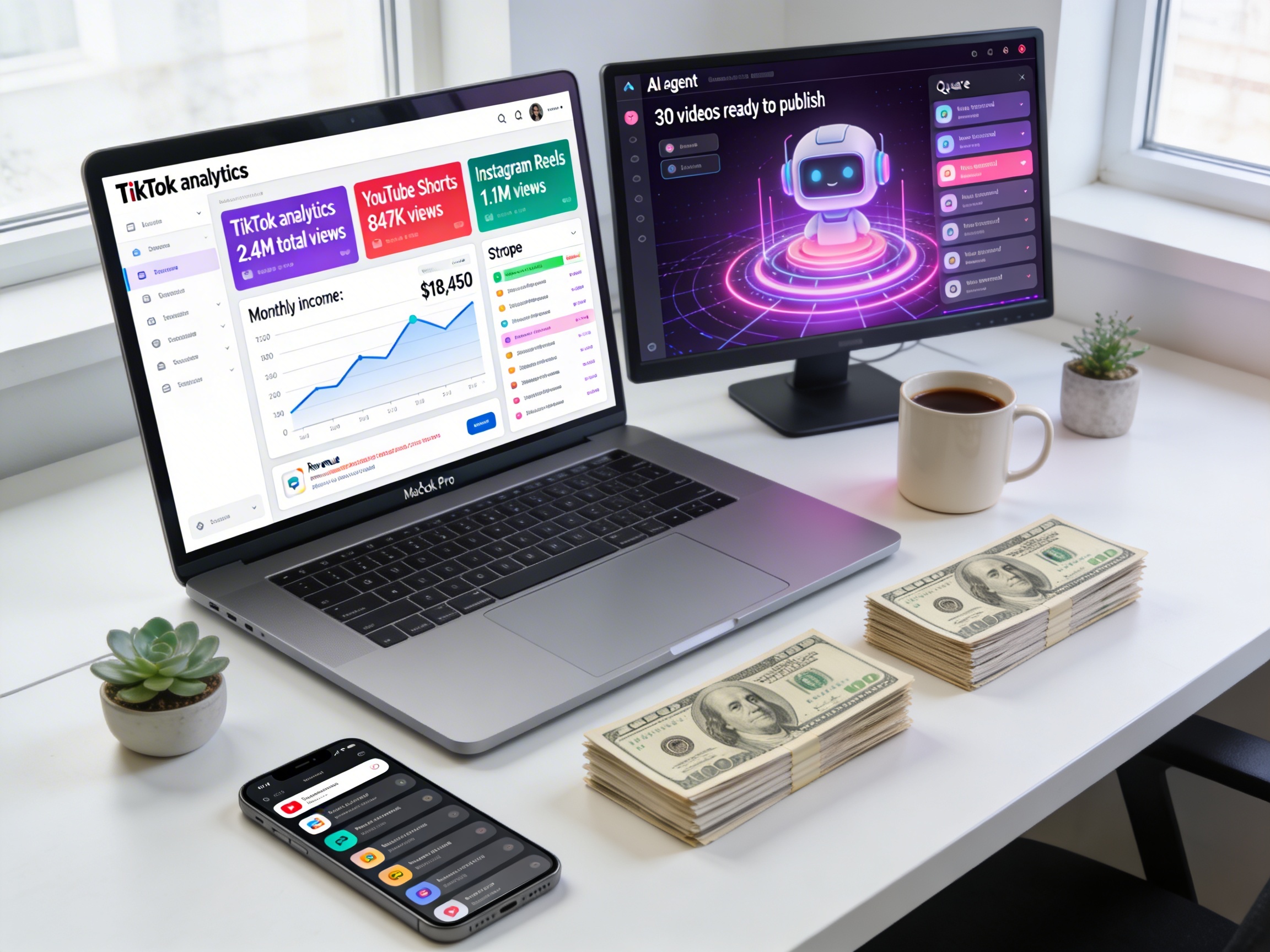 Photorealistic MacBook Pro displaying multi-platform analytics dashboard showing TikTok 2.4M views, YouTube Shorts 847K views, Instagram Reels 1.1M views, revenue graph climbing to $18,450 monthly, AI agent interface with purple holographic design generating videos automatically, iPhone with payment notifications, cash stacks