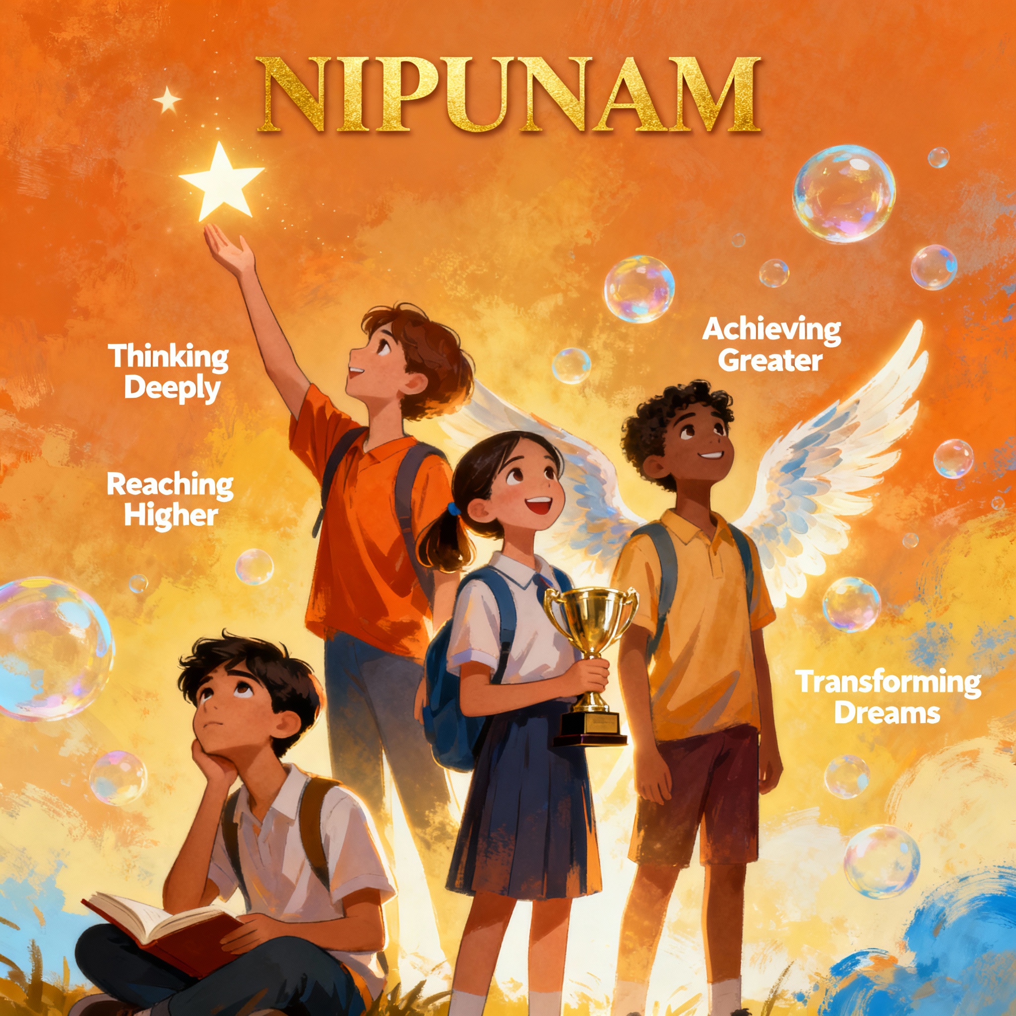 Home Modern educational logo and inspirational artwork for NIPUNAM featuring books and a rising child.