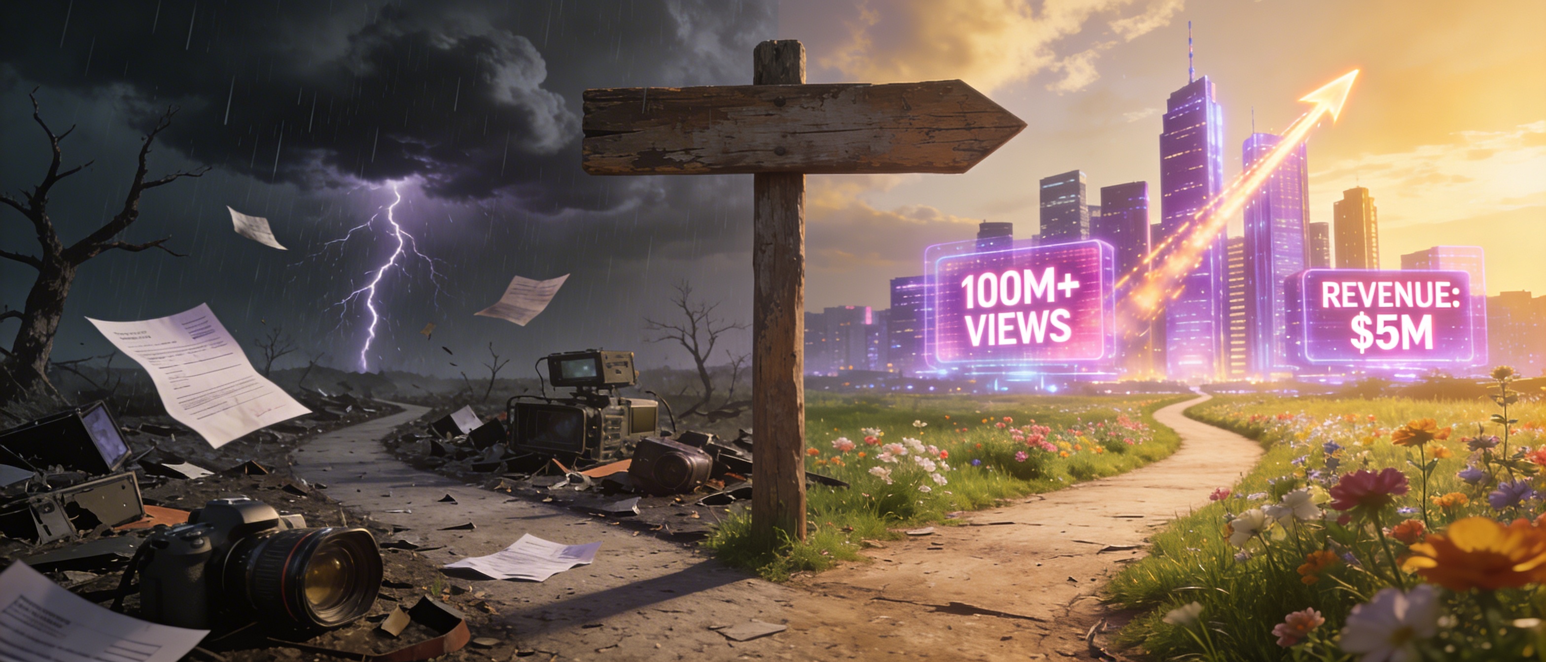 Photorealistic dramatic fork in the road with signpost. Left path shows dark stormy landscape with broken cameras and unpaid bills. Right path shows bright futuristic city with purple and pink holographic screens showing viral success metrics and revenue.