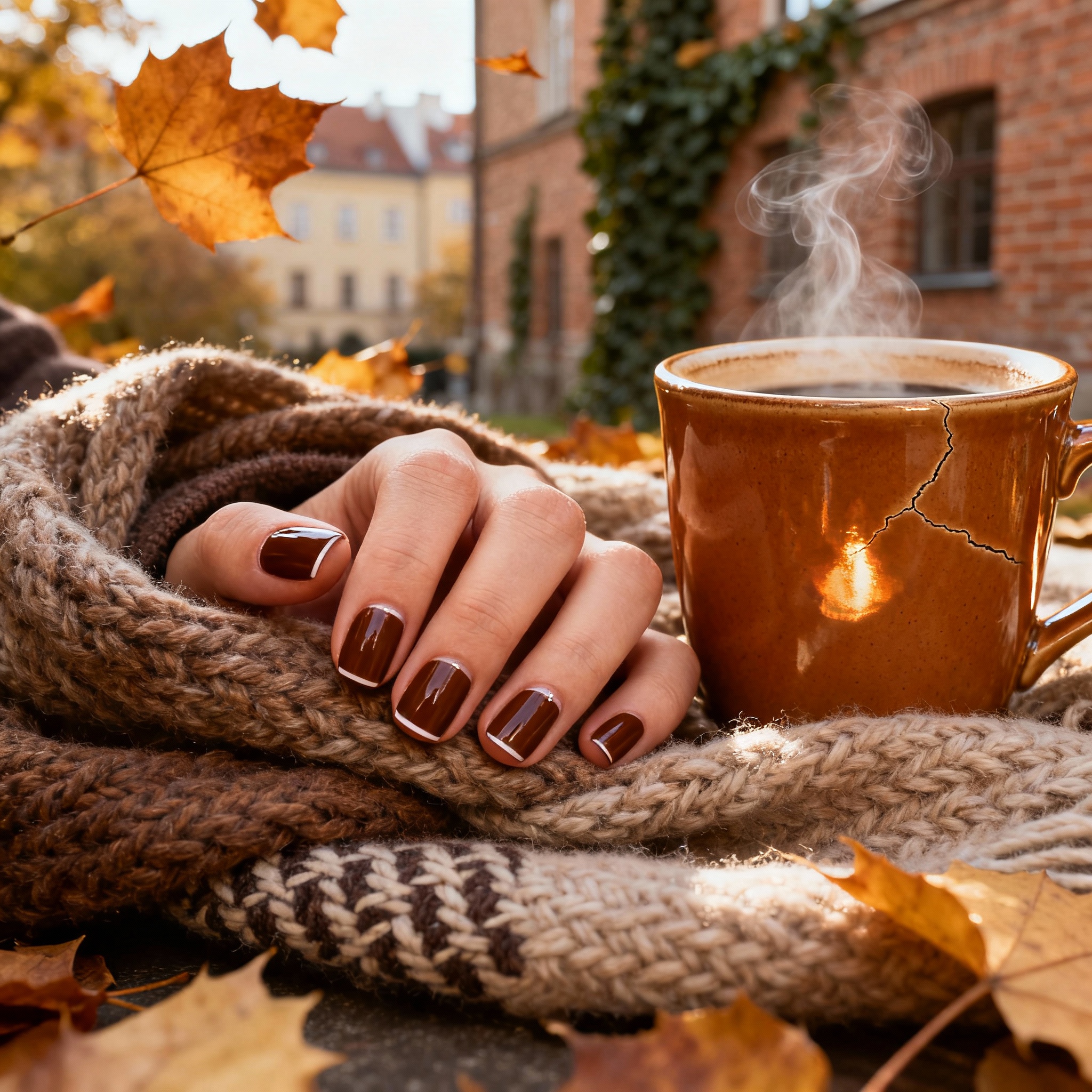 Czekoladowy french manicure w przytulnej jesiennej atmosferze