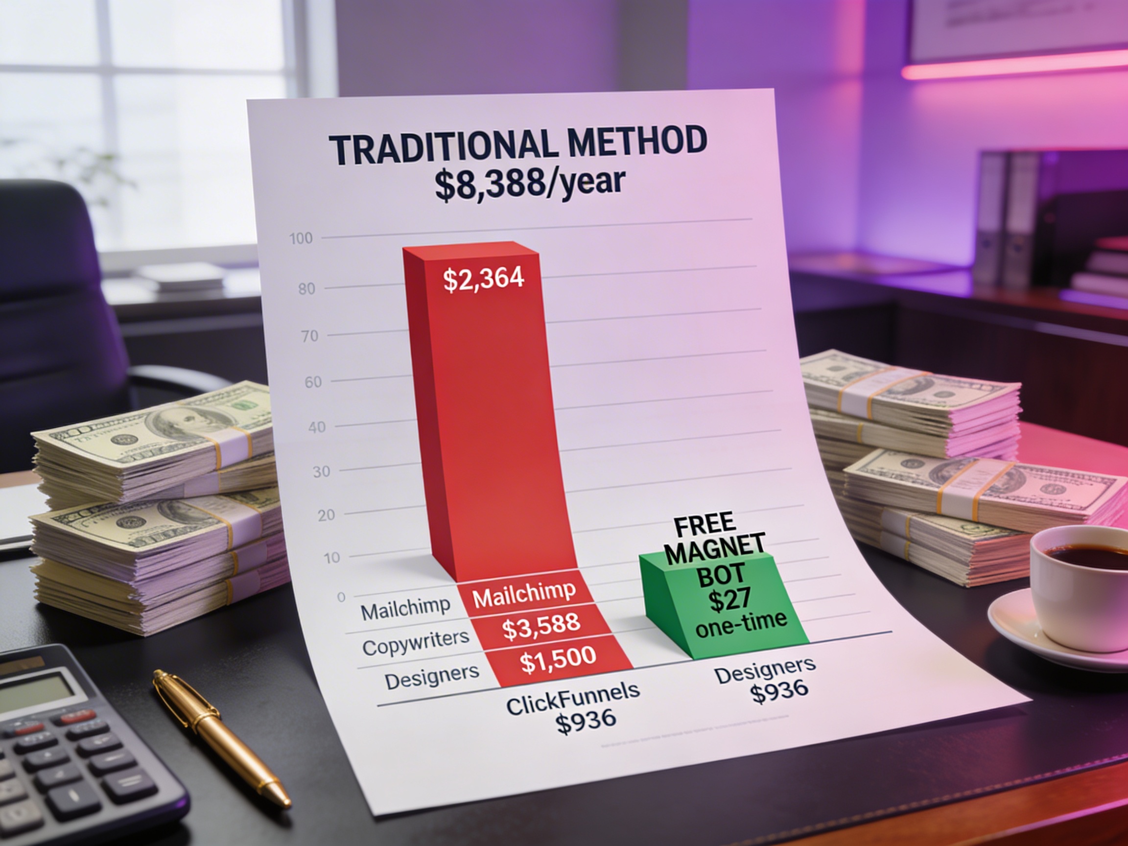 Photorealistic financial bar chart on executive desk showing massive towering red bar at $8,388 per year for traditional method versus tiny green bar at $27 one-time for Free Magnet Bot, dramatic size difference with stacks of cash representing savings, professional business photography with purple and pink lighting accents