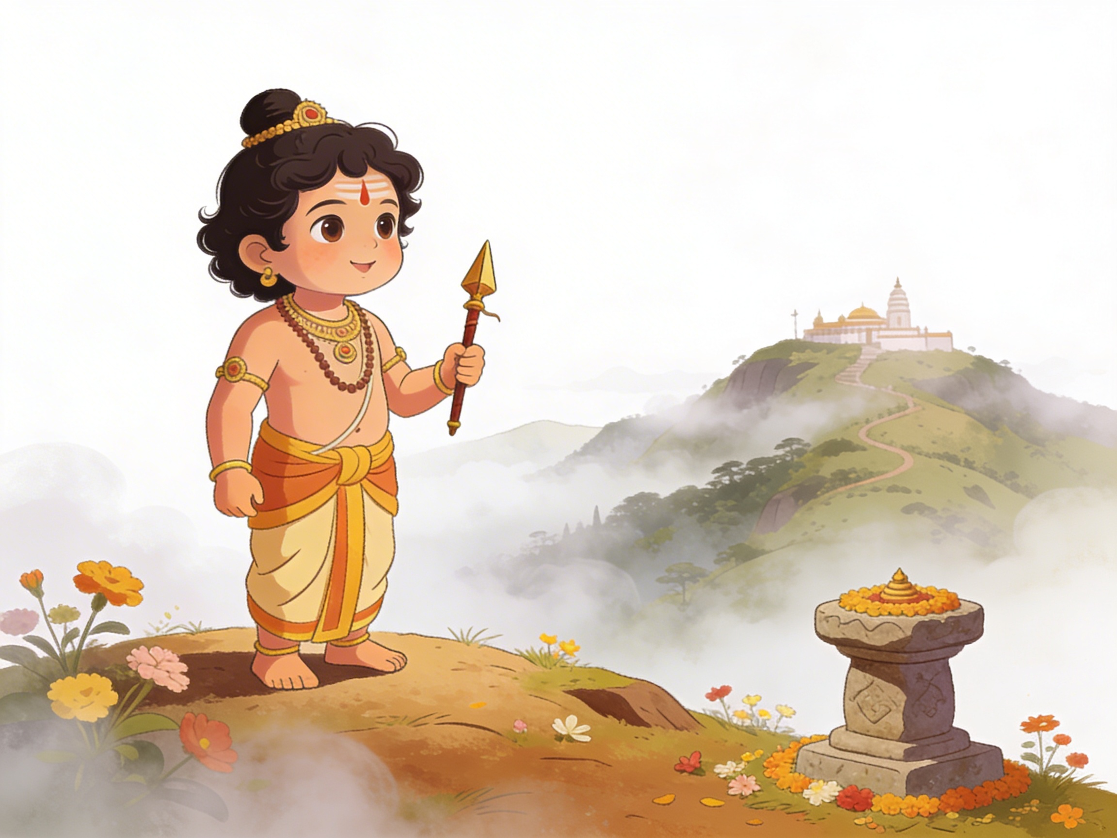 Bala Murugan as Kuzhanthai Velappar a divine child holding the Vel on the misty Palani hills near Poombarai, Kodaikanal, illustrated in traditional Tamil devotional style