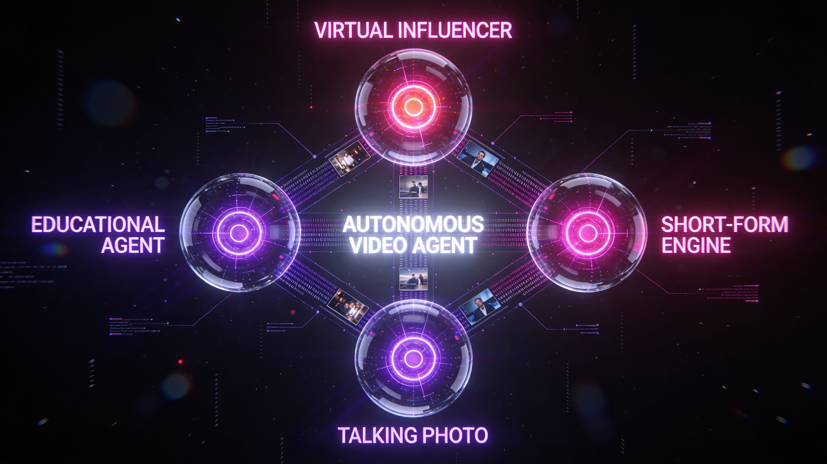 Futuristic holographic visualization of four interconnected AI agent nodes floating in dark void, transparent glass spheres with pulsing neon pink and purple energy cores, holographic data streams flowing between nodes, labeled Virtual Influencer, Educational Agent, Short-Form Engine, Talking Photo, center convergence showing Autonomous Video Agent, sci-fi JARVIS-style interface