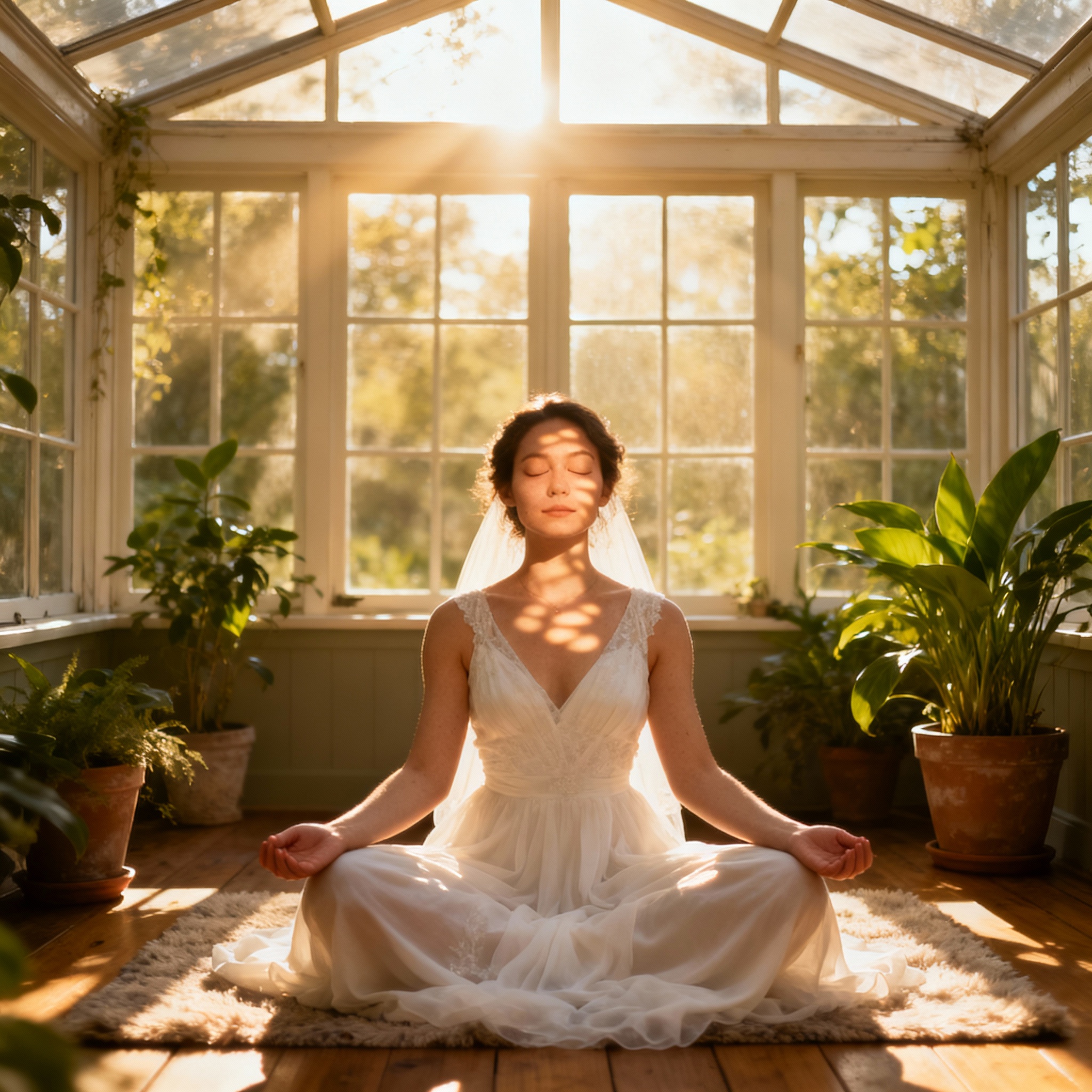 Bride meditating for glowing skin in a peaceful sunroom