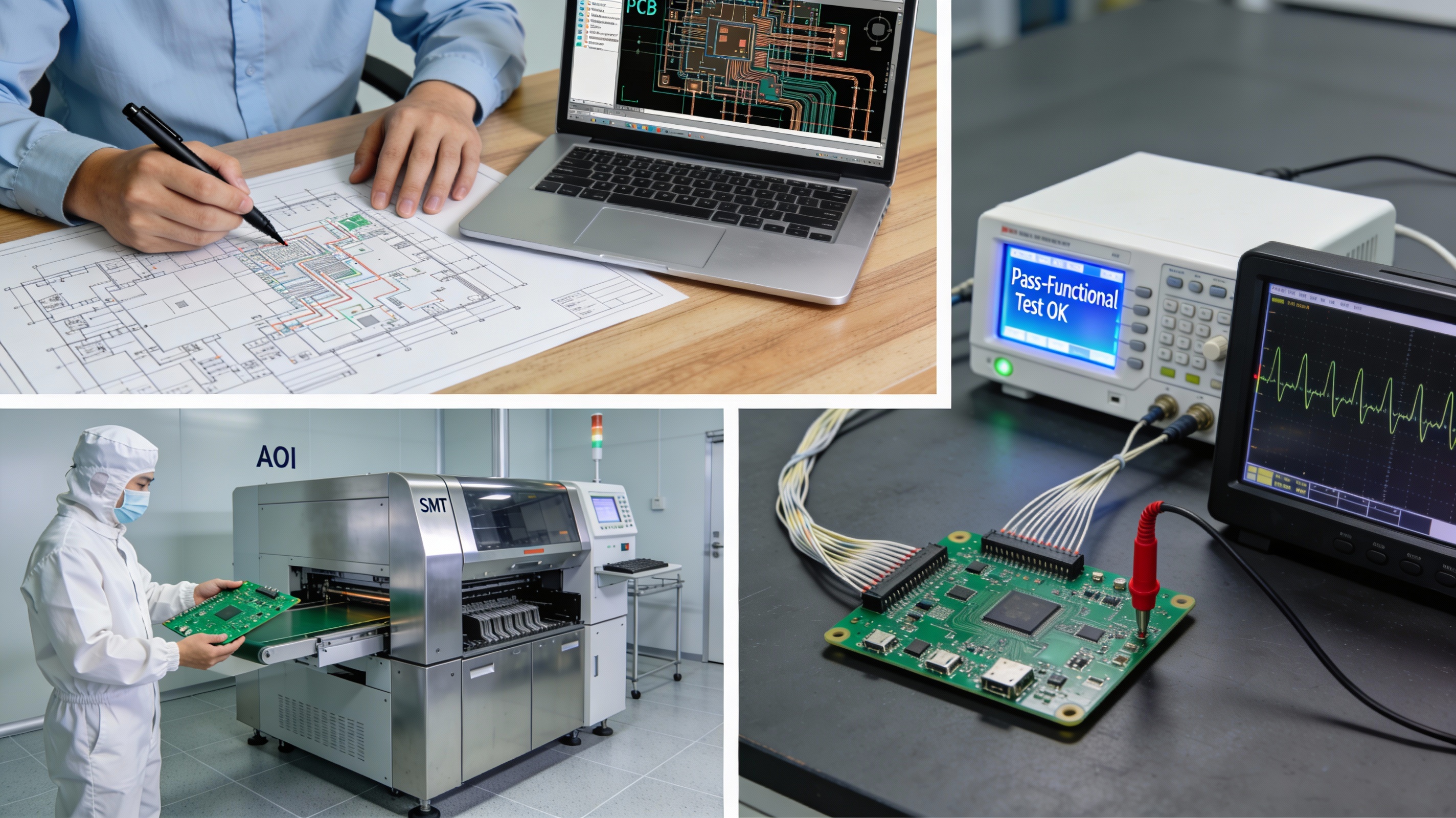 三张医疗PCBA文章专用配图:DFM评审、洁净组装、功能测试
