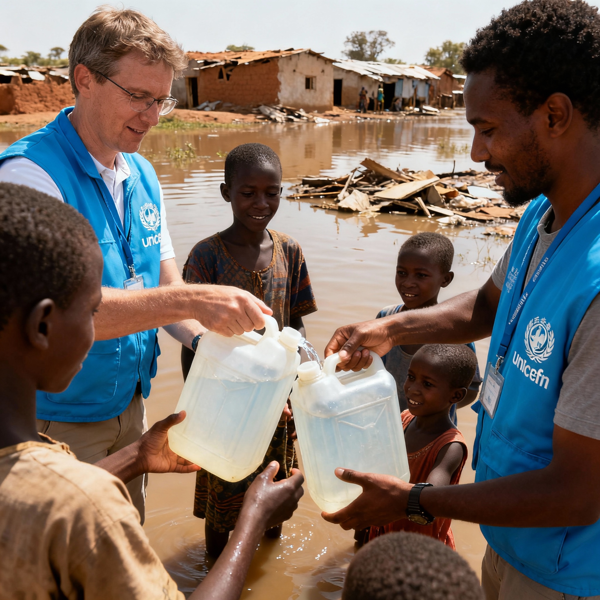 Humanitarian aid workers providing essential clean water to floodaffected Sudanese children